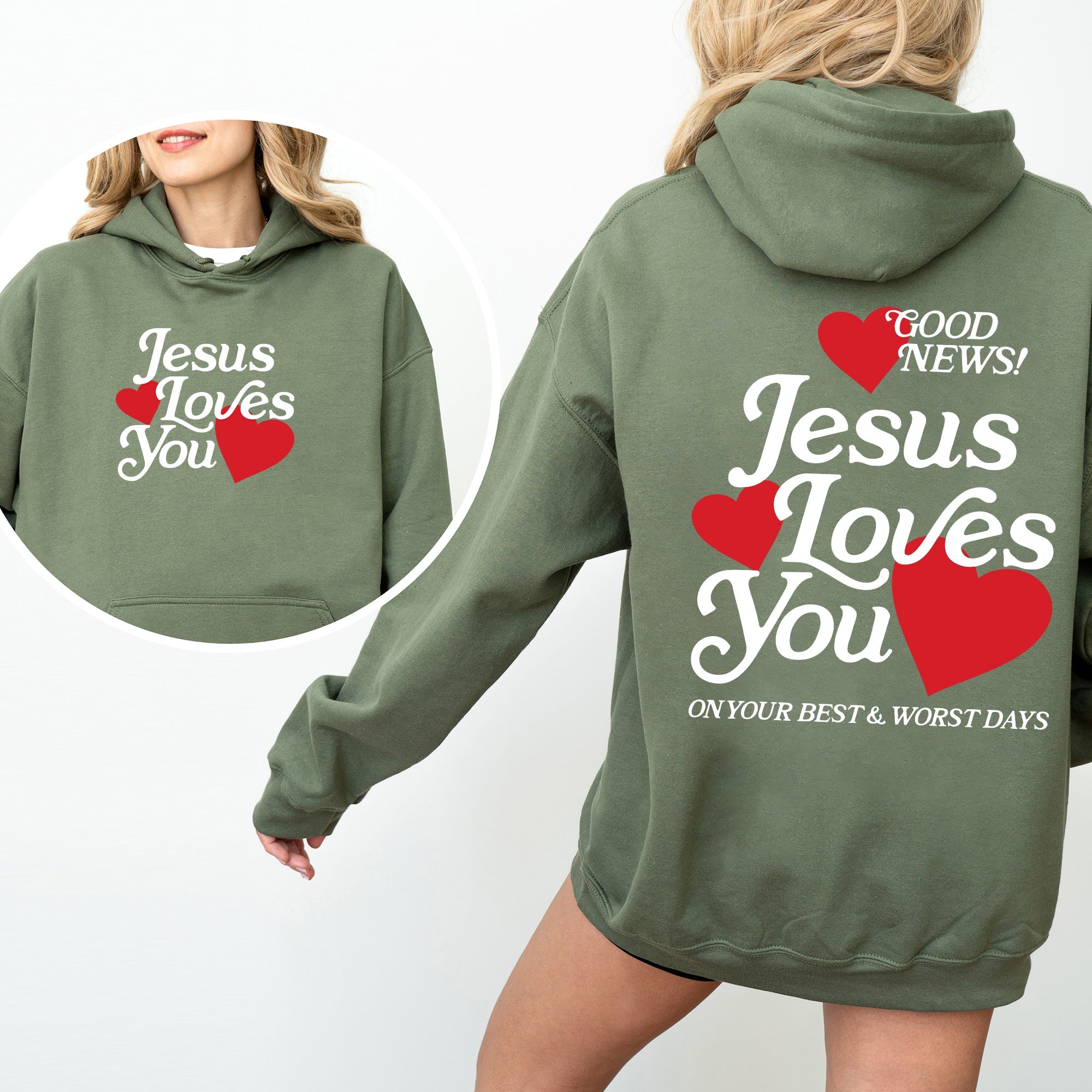 Jesus Loves You Good News Front And Back Hearts Christian Faith Gospel Religious Love Hoodie