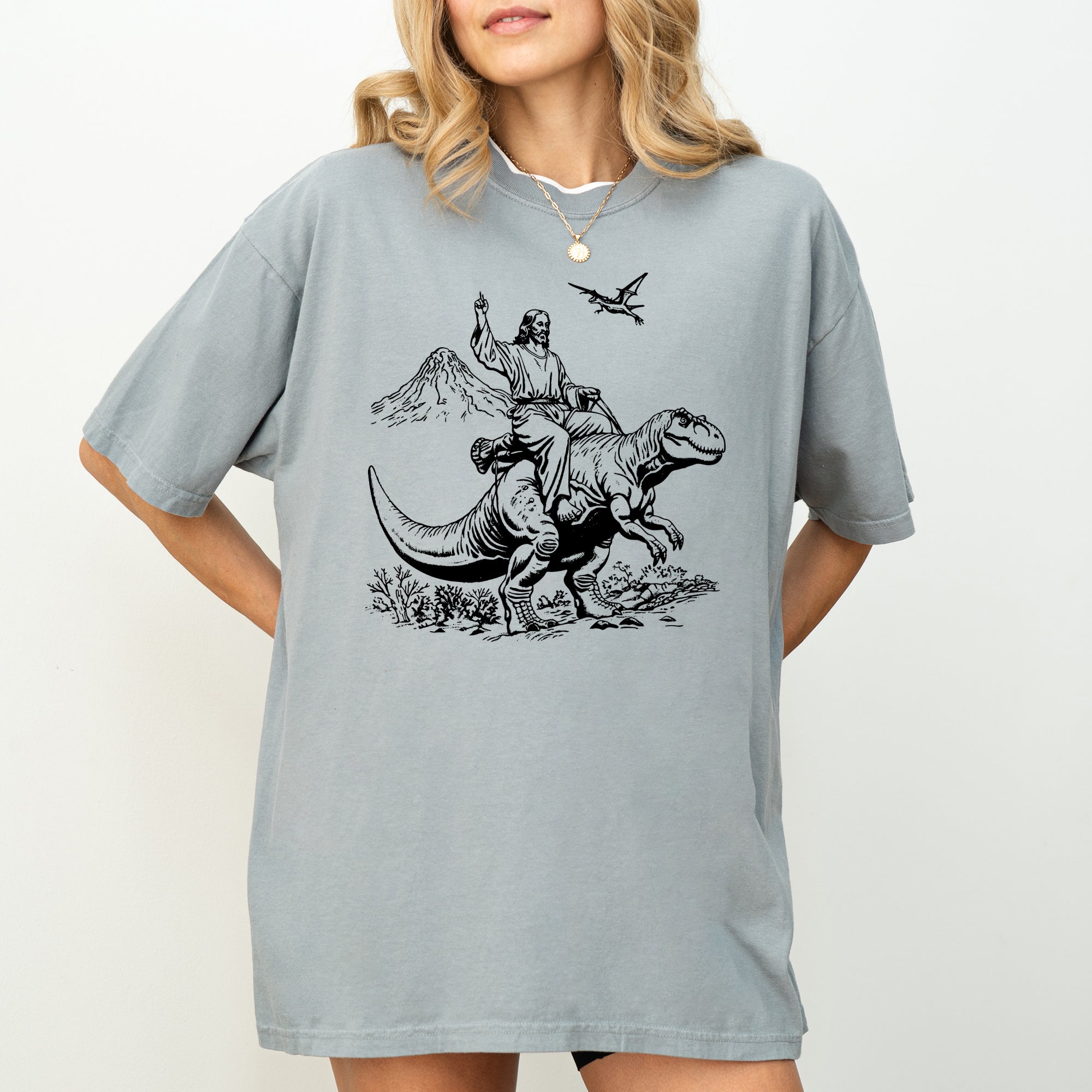 Jesus Riding A Dinosaur Meme Jurassic Illustration Vintage Style Comfort Colors Tee