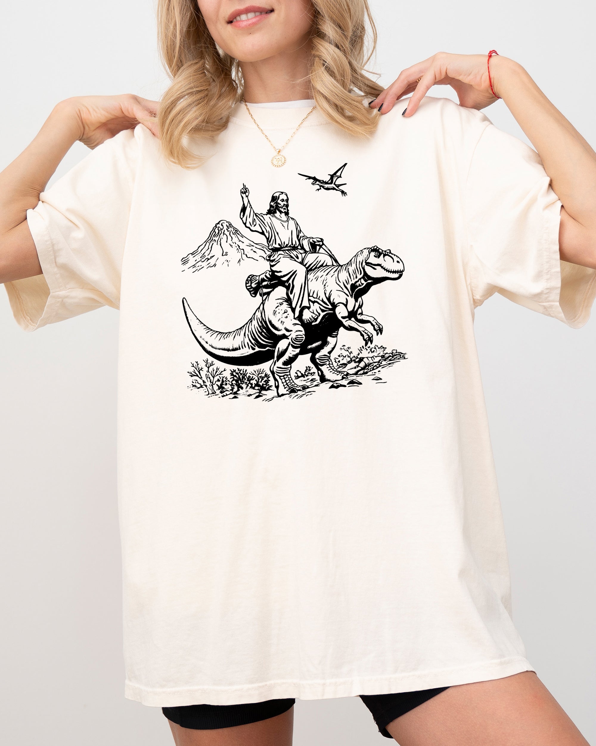 Jesus Riding A Dinosaur Meme Jurassic Illustration Vintage Style Comfort Colors Tee