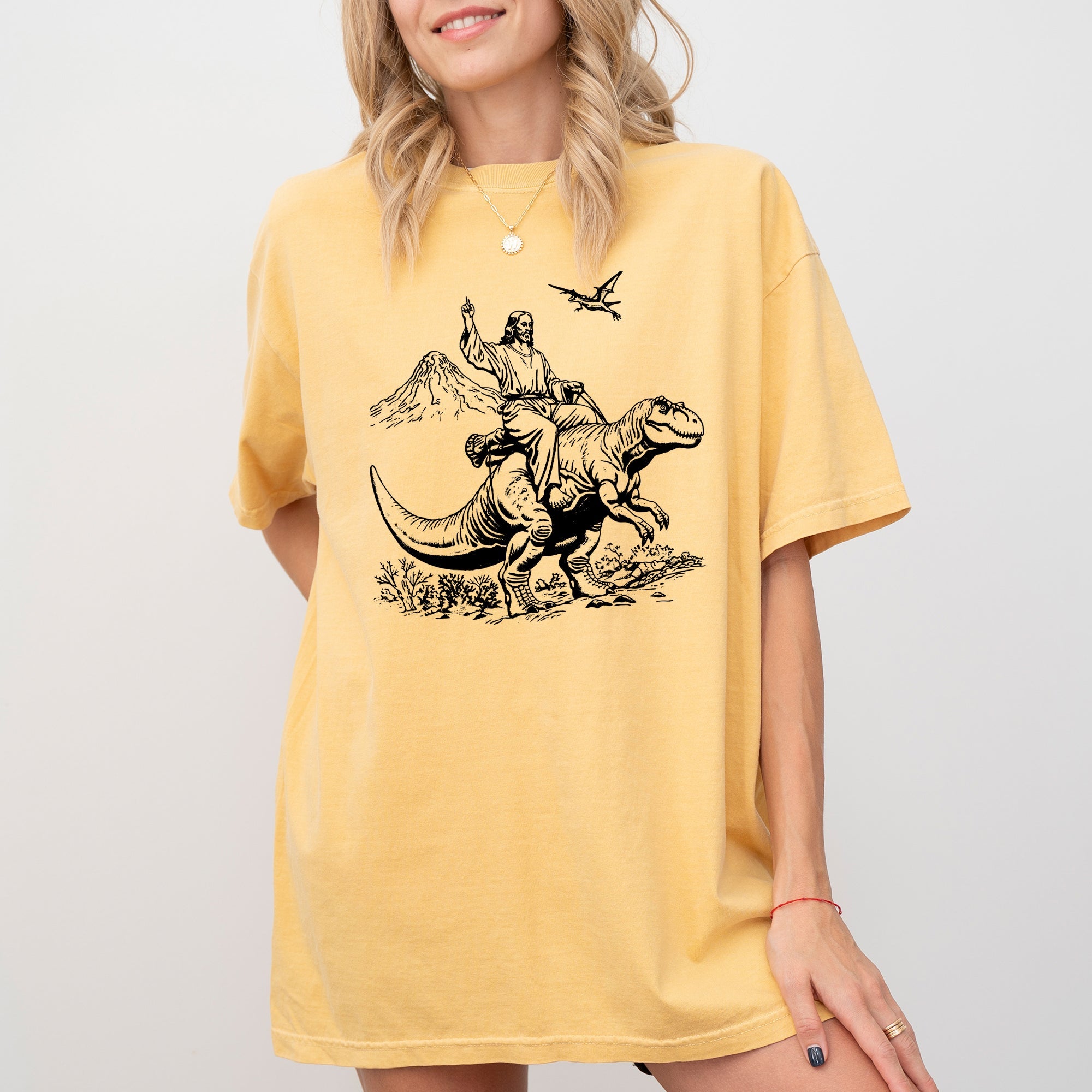 Jesus Riding A Dinosaur Meme Jurassic Illustration Vintage Style Comfort Colors Tee