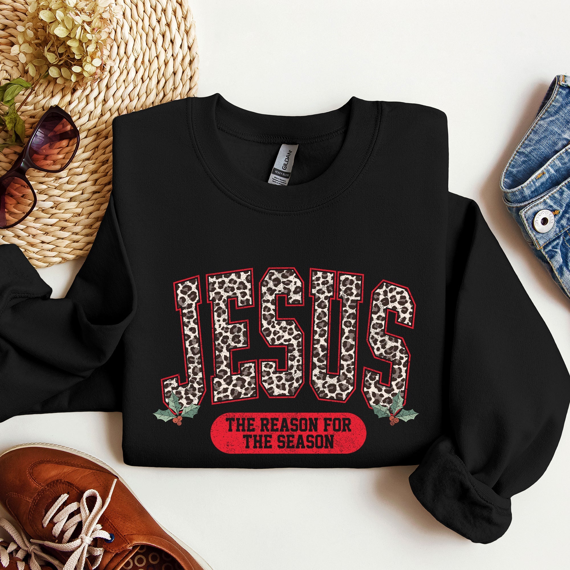 Jesus, The Reason For The Season Leopard Print Christian Faith Christmas Statement Sweatshirt