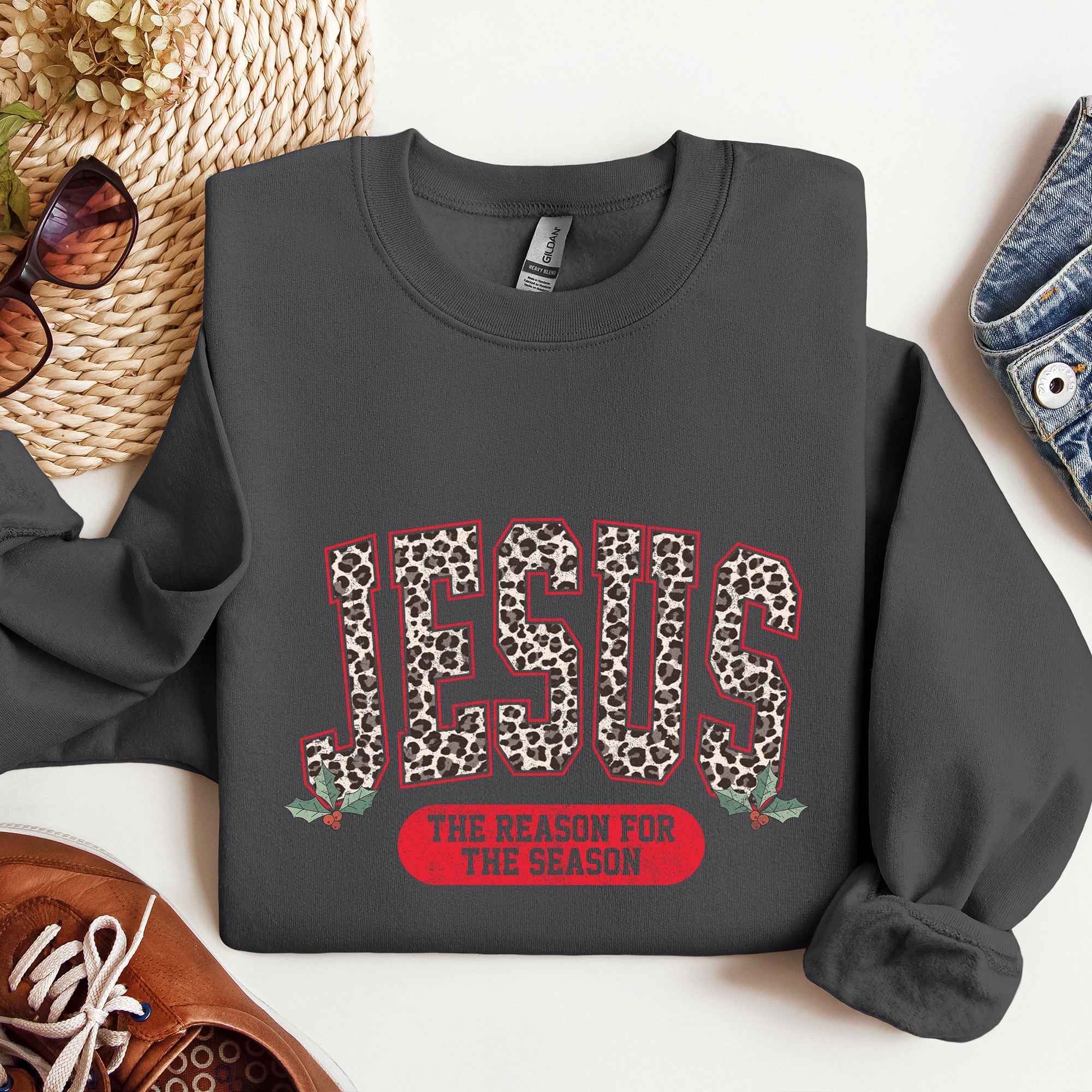 Jesus, The Reason For The Season Leopard Print Christian Faith Christmas Statement Sweatshirt