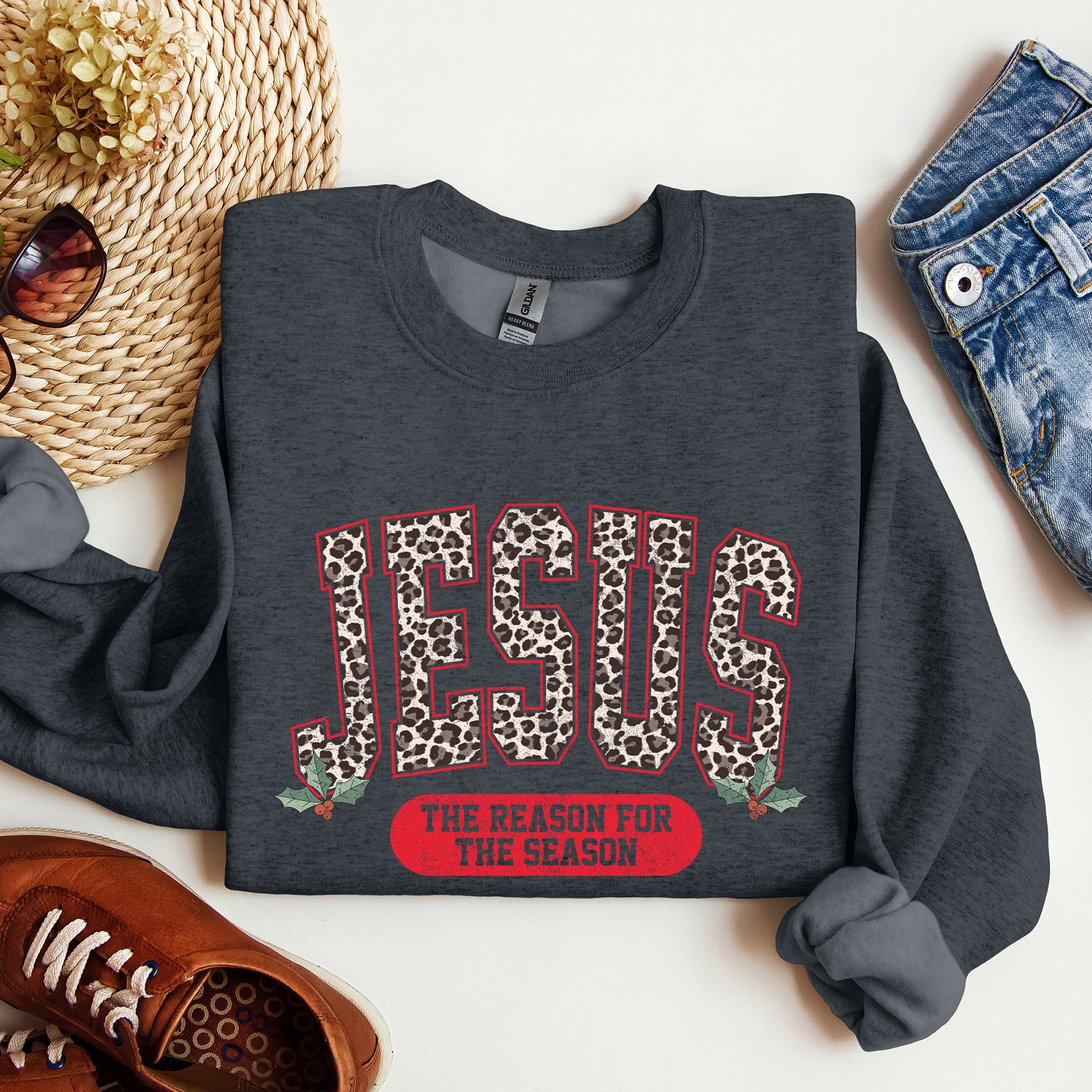 Jesus, The Reason For The Season Leopard Print Christian Faith Christmas Statement Sweatshirt