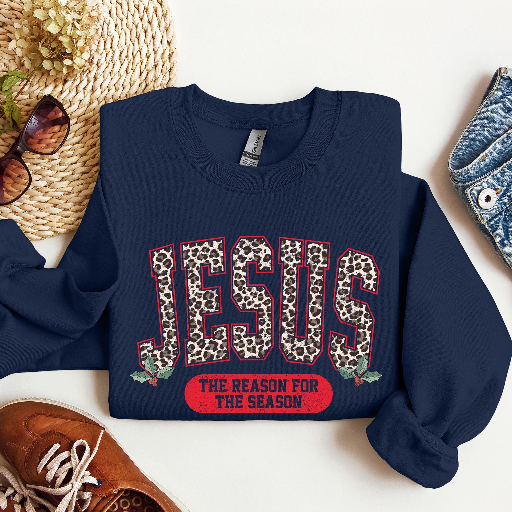 Jesus, The Reason For The Season Leopard Print Christian Faith Christmas Statement Sweatshirt