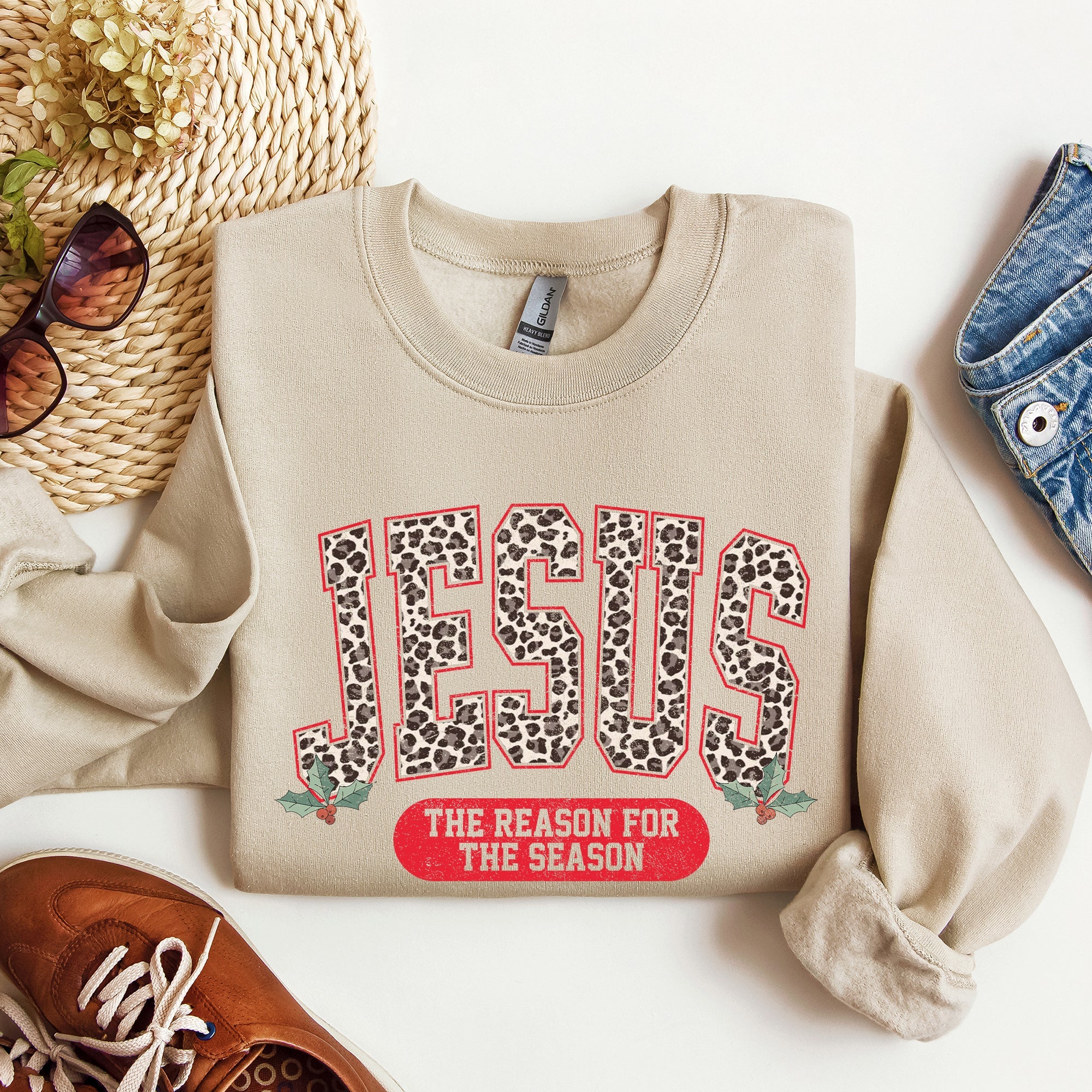 Jesus, The Reason For The Season Leopard Print Christian Faith Christmas Statement Sweatshirt