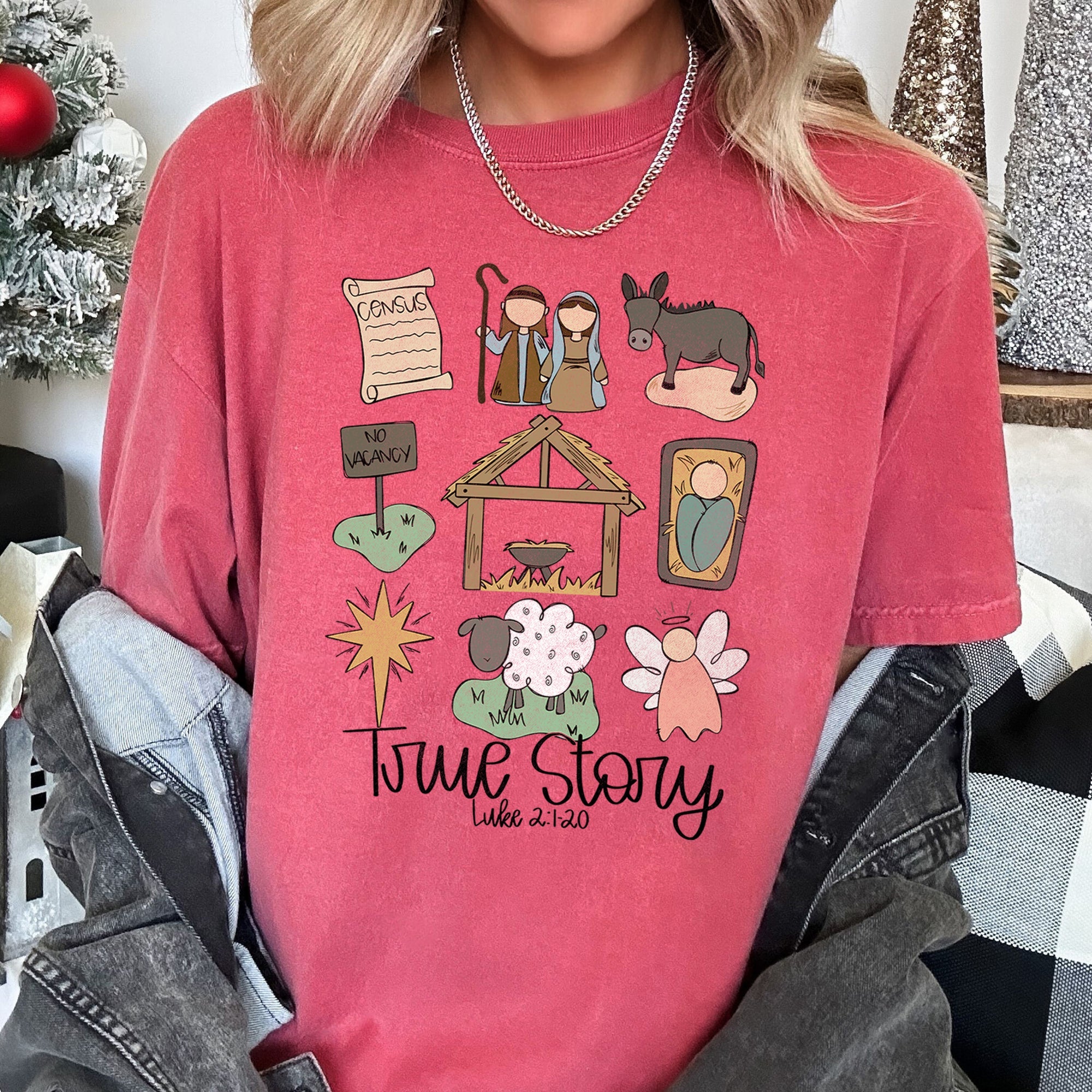 Jesus True Story Luke 2-120 Manger Nativity Christmas Scripture Comfort Colors Tee