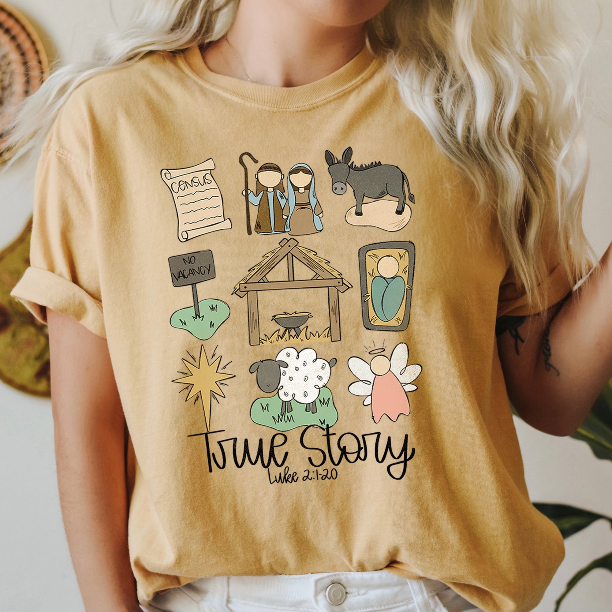 Jesus True Story Luke 2-120 Manger Nativity Christmas Scripture Comfort Colors Tee