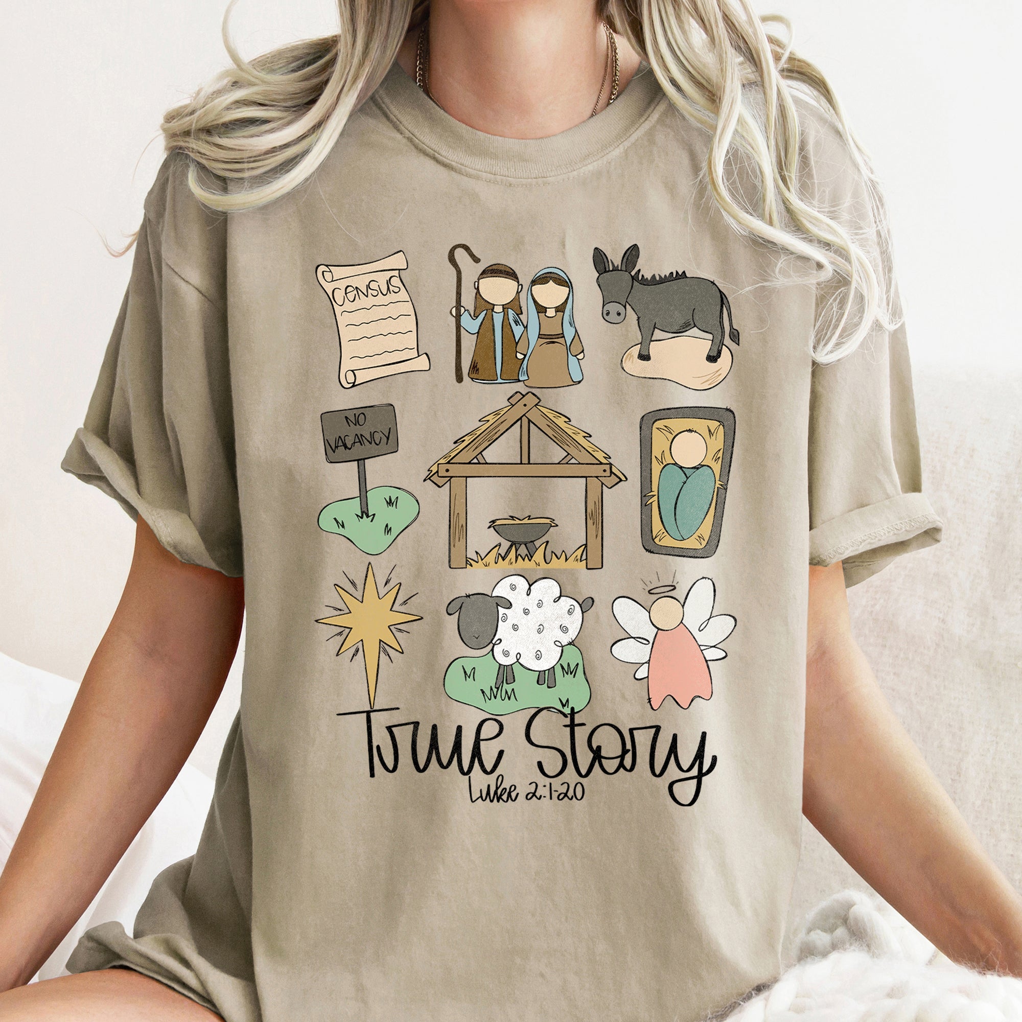 Jesus True Story Luke 2-120 Manger Nativity Christmas Scripture Comfort Colors Tee