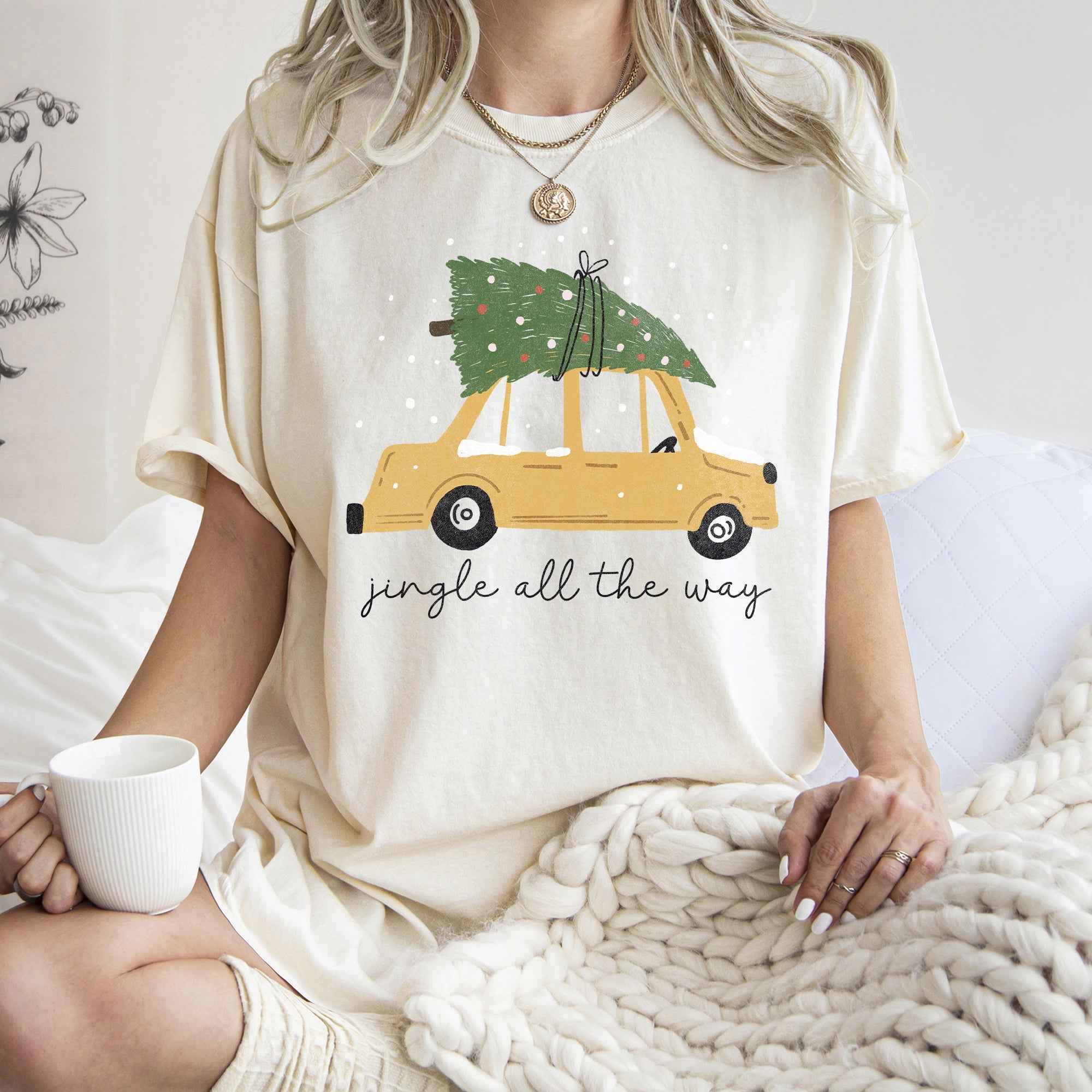 Jingle All The Way Retro Car Christmas Tree Snow Holiday Scene Comfort Colors Tee