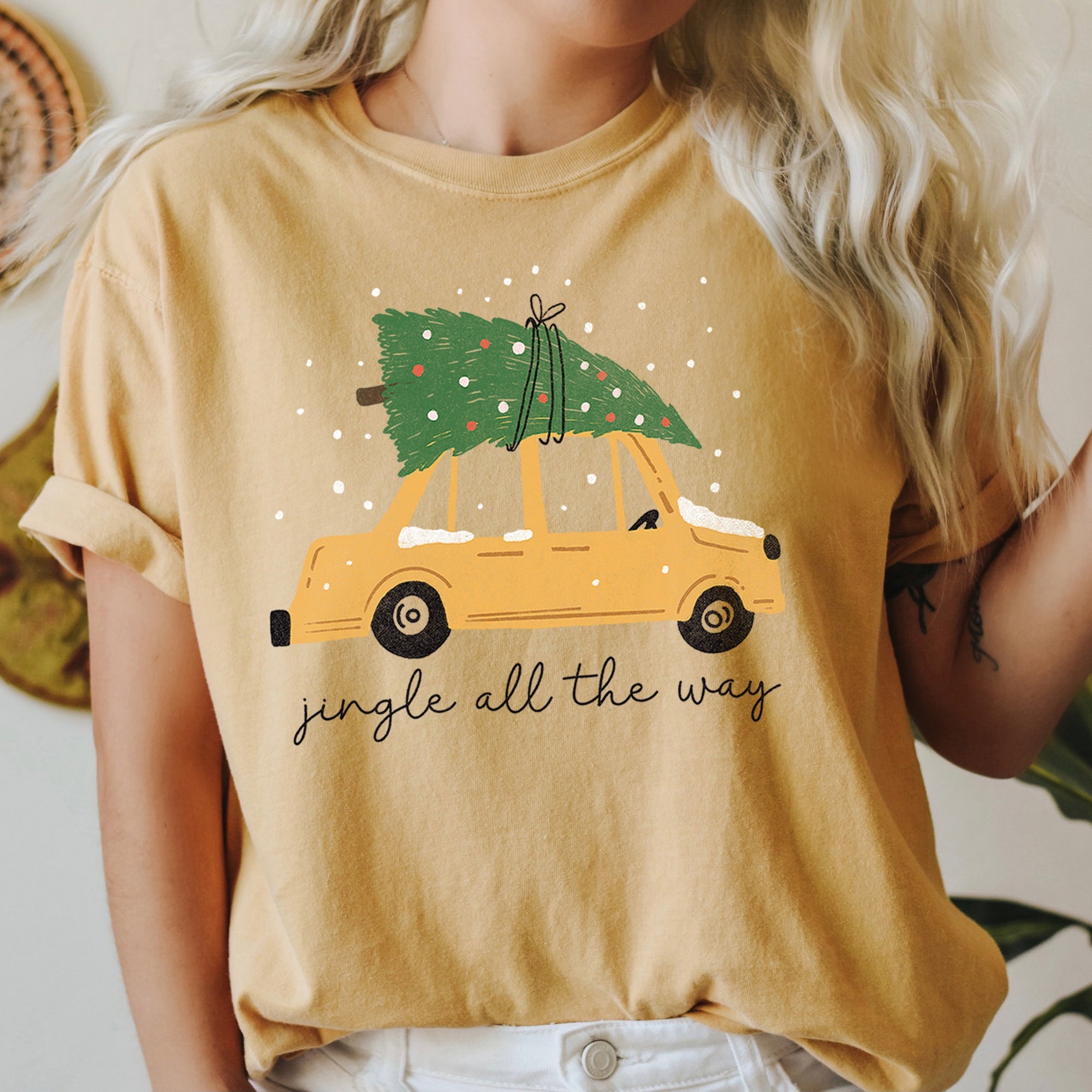 Jingle All The Way Retro Car Christmas Tree Snow Holiday Scene Comfort Colors Tee