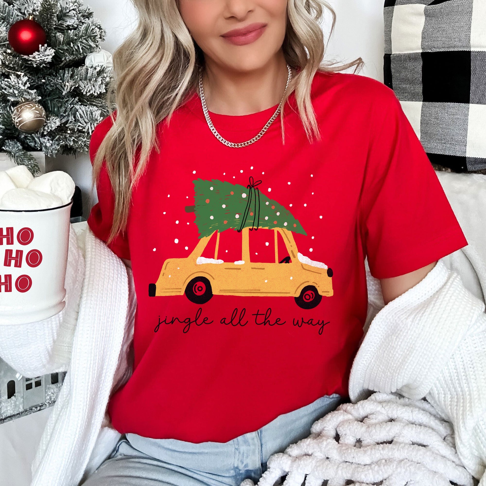 Jingle All The Way Retro Car Christmas Tree Snow Holiday Scene Festive Night Lights Graphic Tee