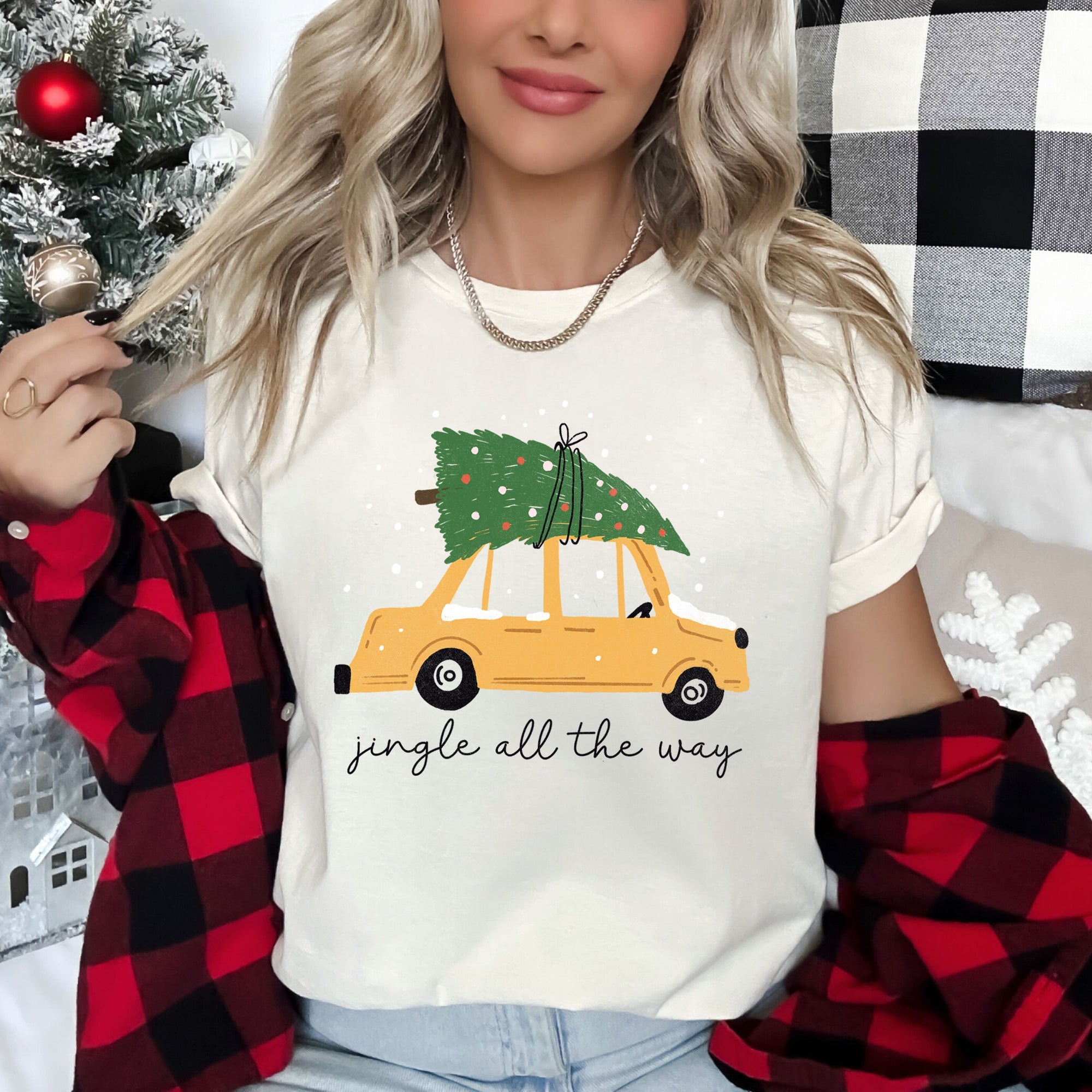 Jingle All The Way Retro Car Christmas Tree Snow Holiday Scene Festive Night Lights Graphic Tee