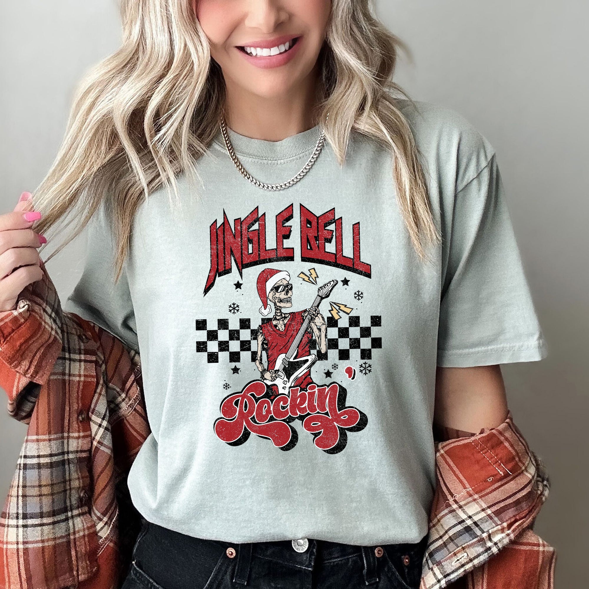 Jingle Bell Rocking Skeleton Retro Rock Music Vibe Nostalgic Vintage Halloween Party Theme Comfort Colors Tee