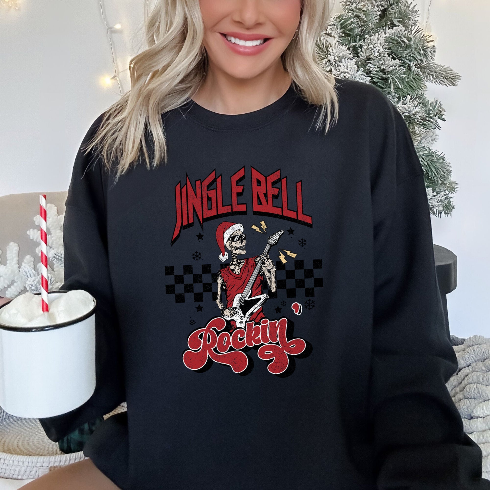 Jingle Bell Rocking Skeleton Rock Music Retro Holiday Rock Anthems Vintage Skull Edition Sweatshirt