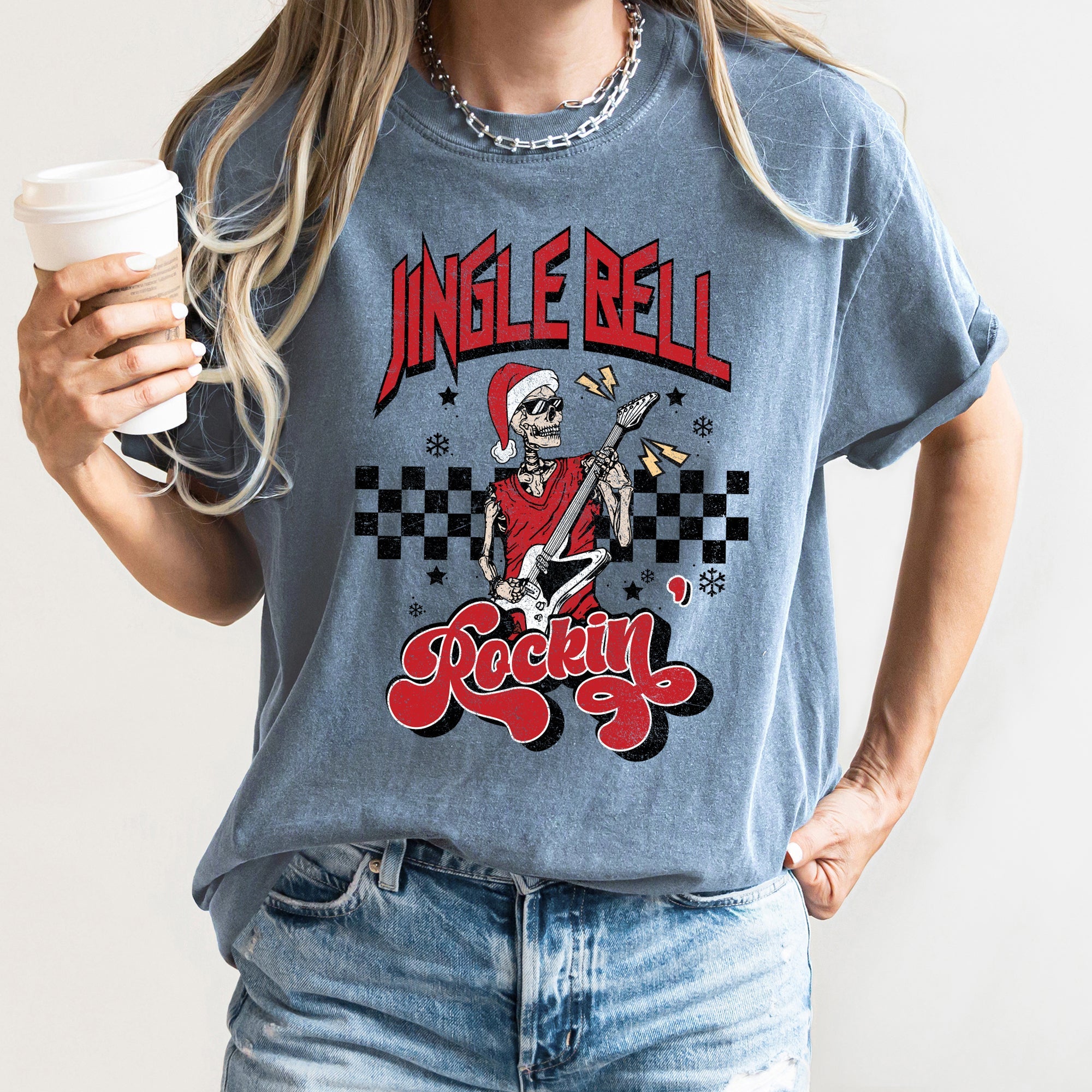 Jingle Bell Rocking Skeleton Retro Rock Music Vibe Nostalgic Vintage Halloween Party Theme Comfort Colors Tee