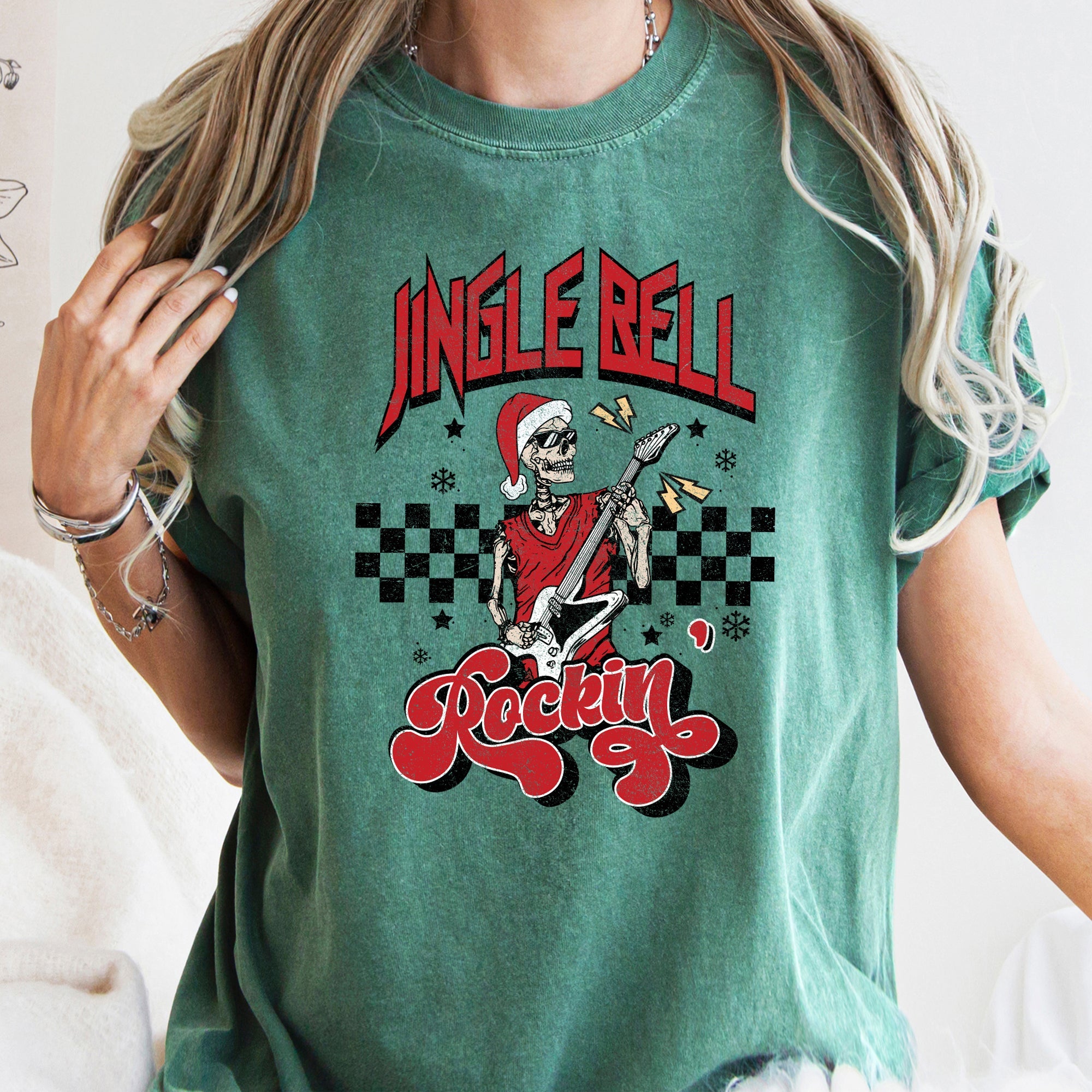 Jingle Bell Rocking Skeleton Retro Rock Music Vibe Nostalgic Vintage Halloween Party Theme Comfort Colors Tee