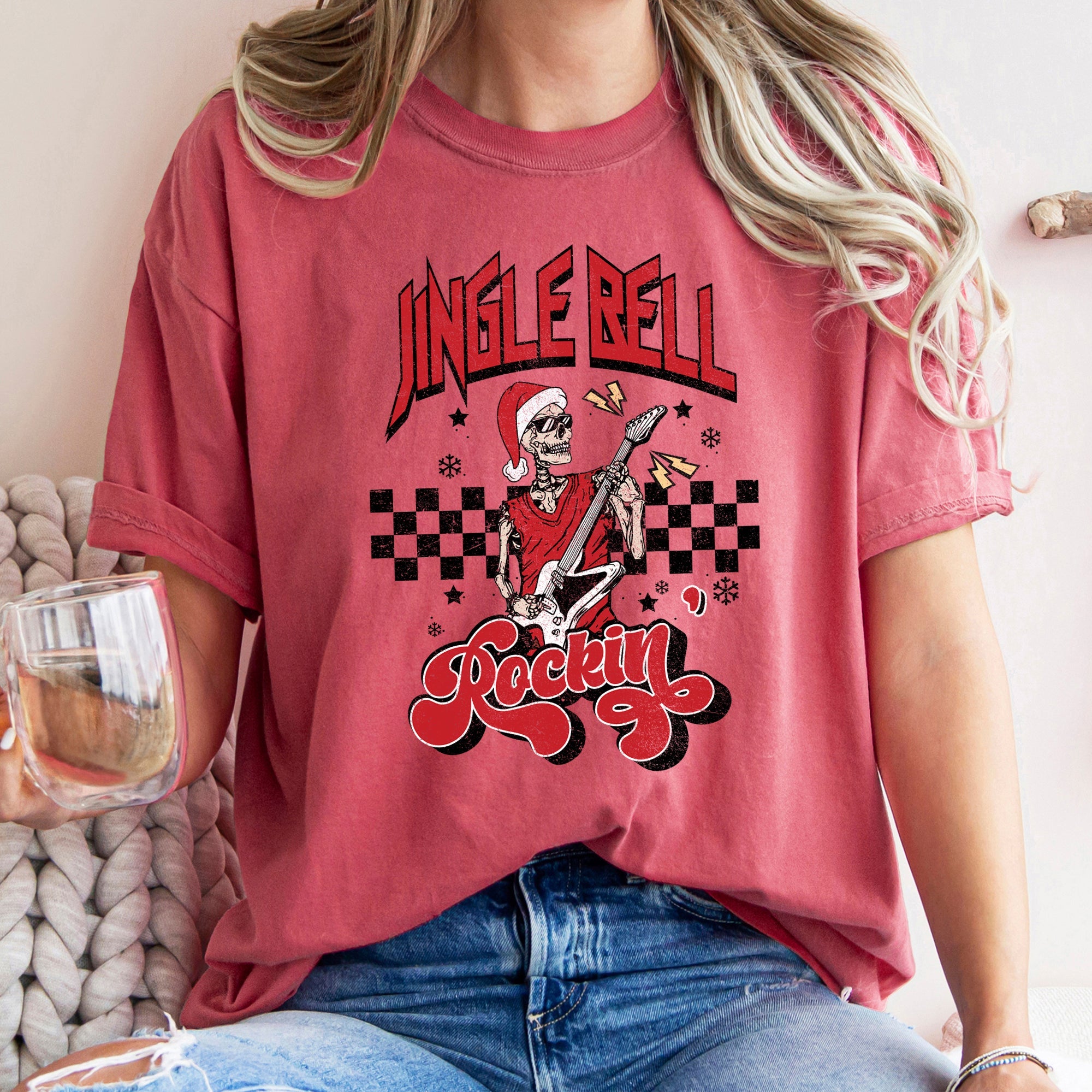 Jingle Bell Rocking Skeleton Retro Rock Music Vibe Nostalgic Vintage Halloween Party Theme Comfort Colors Tee