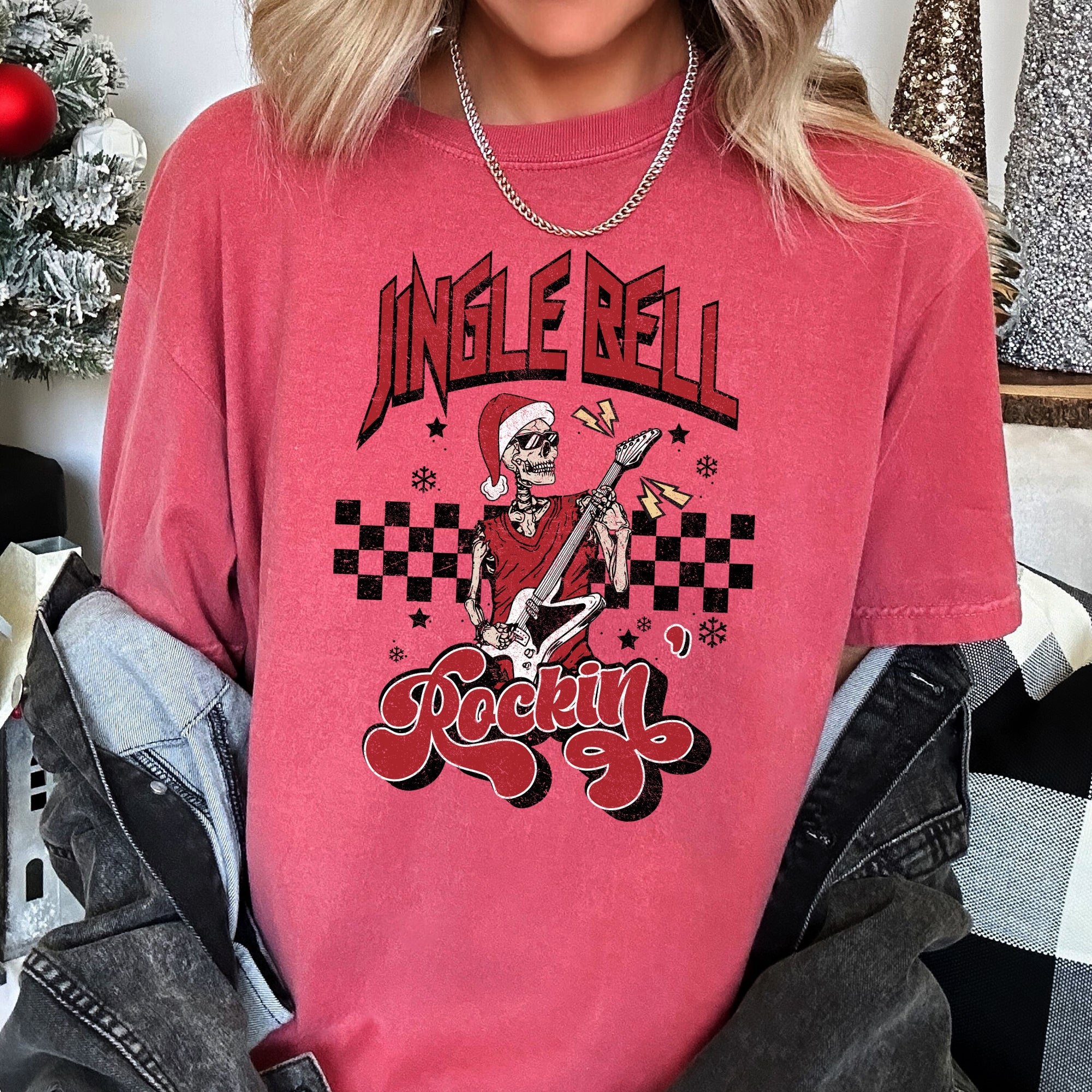 Jingle Bell Rocking Skeleton Retro Rock Music Vibe Nostalgic Vintage Halloween Party Theme Comfort Colors Tee
