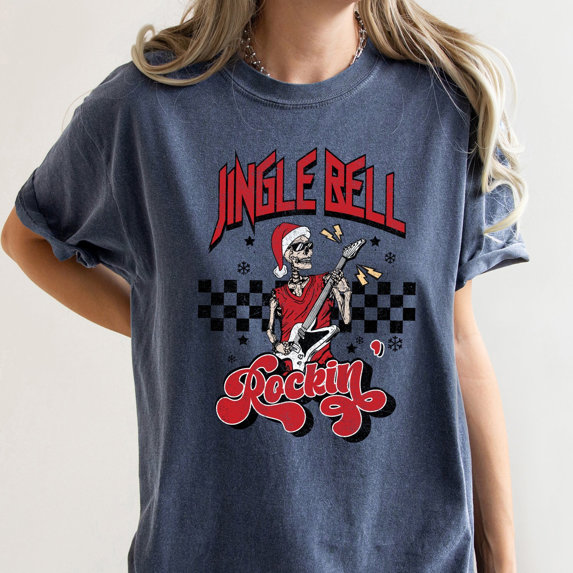 Jingle Bell Rocking Skeleton Retro Rock Music Vibe Nostalgic Vintage Halloween Party Theme Comfort Colors Tee