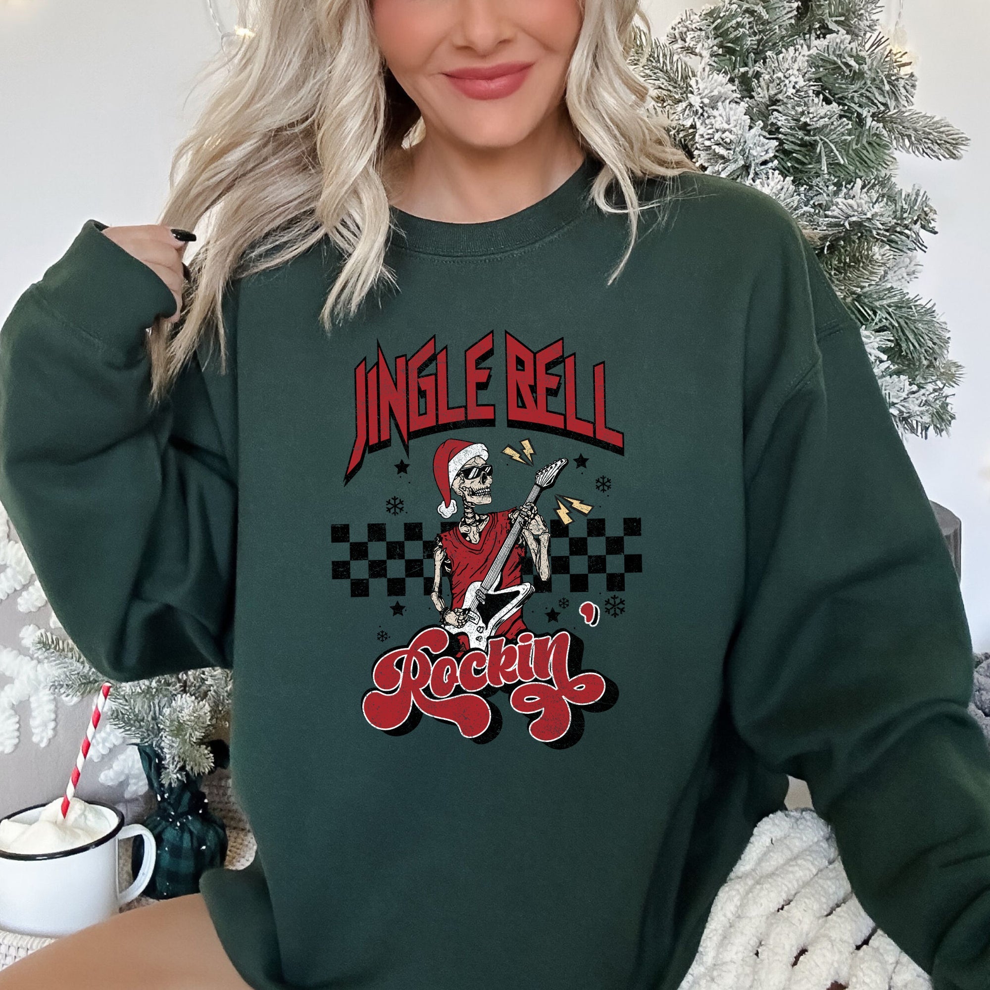 Jingle Bell Rocking Skeleton Rock Music Retro Holiday Rock Anthems Vintage Skull Edition Sweatshirt