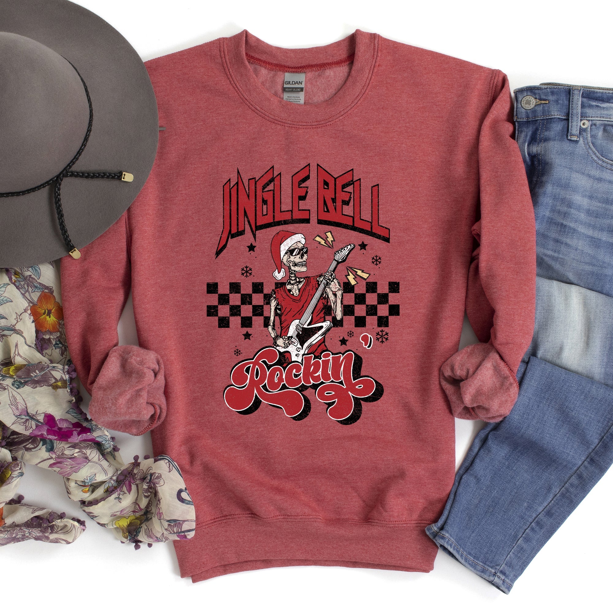 Jingle Bell Rocking Skeleton Rock Music Retro Holiday Rock Anthems Vintage Skull Edition Sweatshirt
