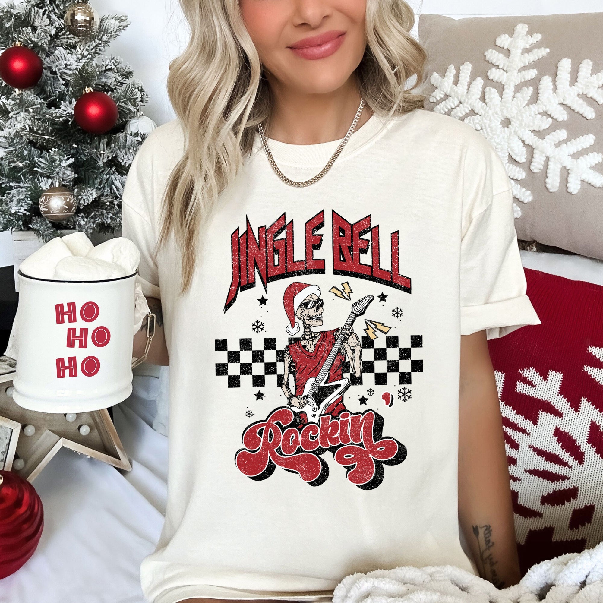 Jingle Bell Rocking Skeleton Retro Rock Music Vibe Nostalgic Vintage Halloween Party Theme Comfort Colors Tee