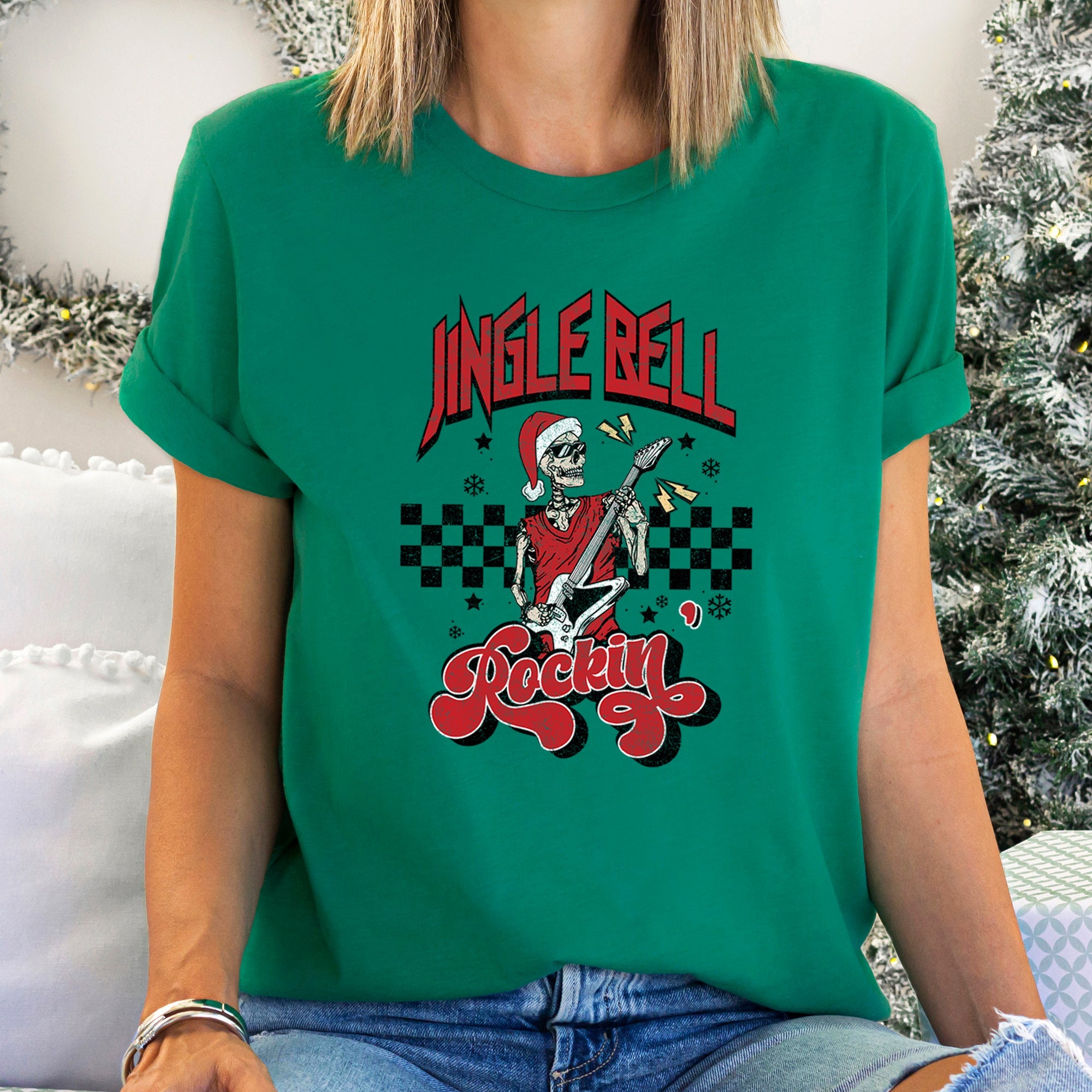 Jingle Bell Rocking Skeleton In Retro Rock Music Vibe Holiday Edition Graphic Tee