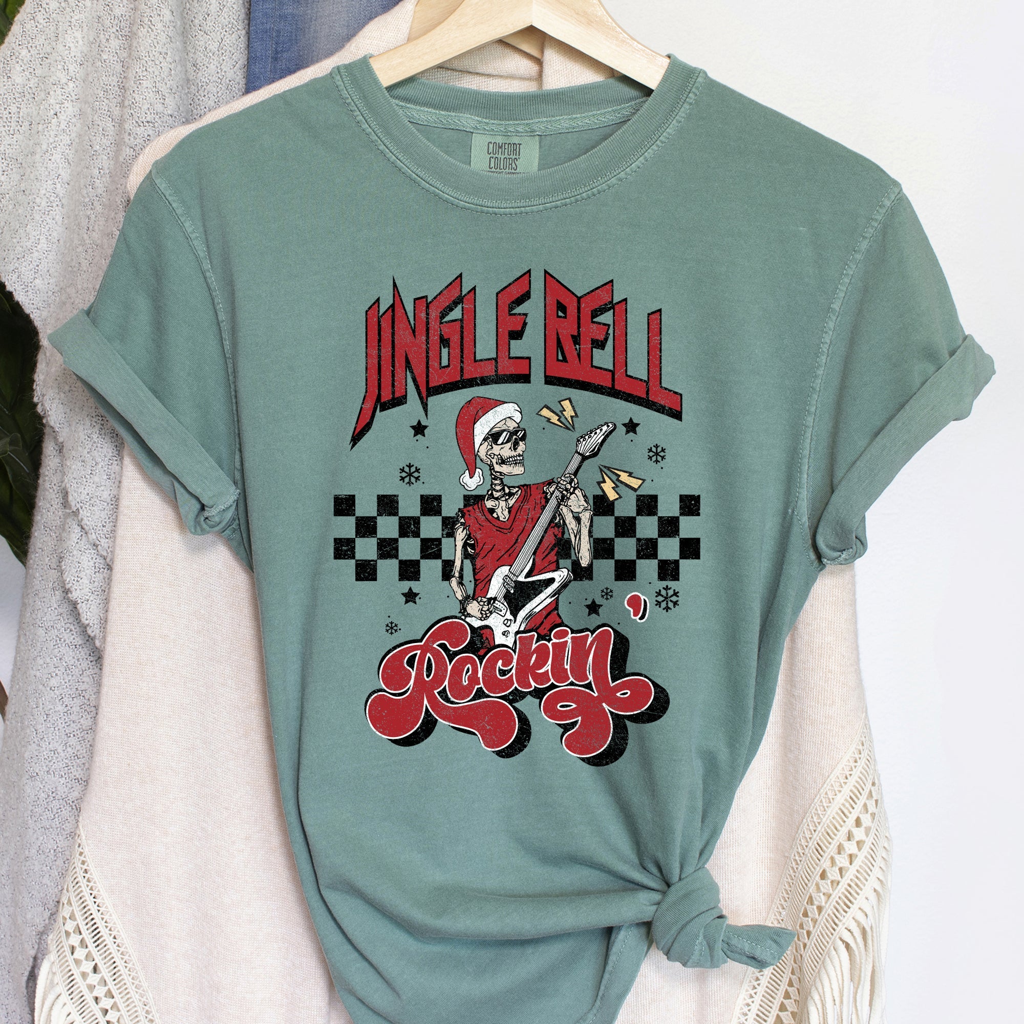 Jingle Bell Rocking Skeleton Retro Rock Music Vibe Nostalgic Vintage Halloween Party Theme Comfort Colors Tee