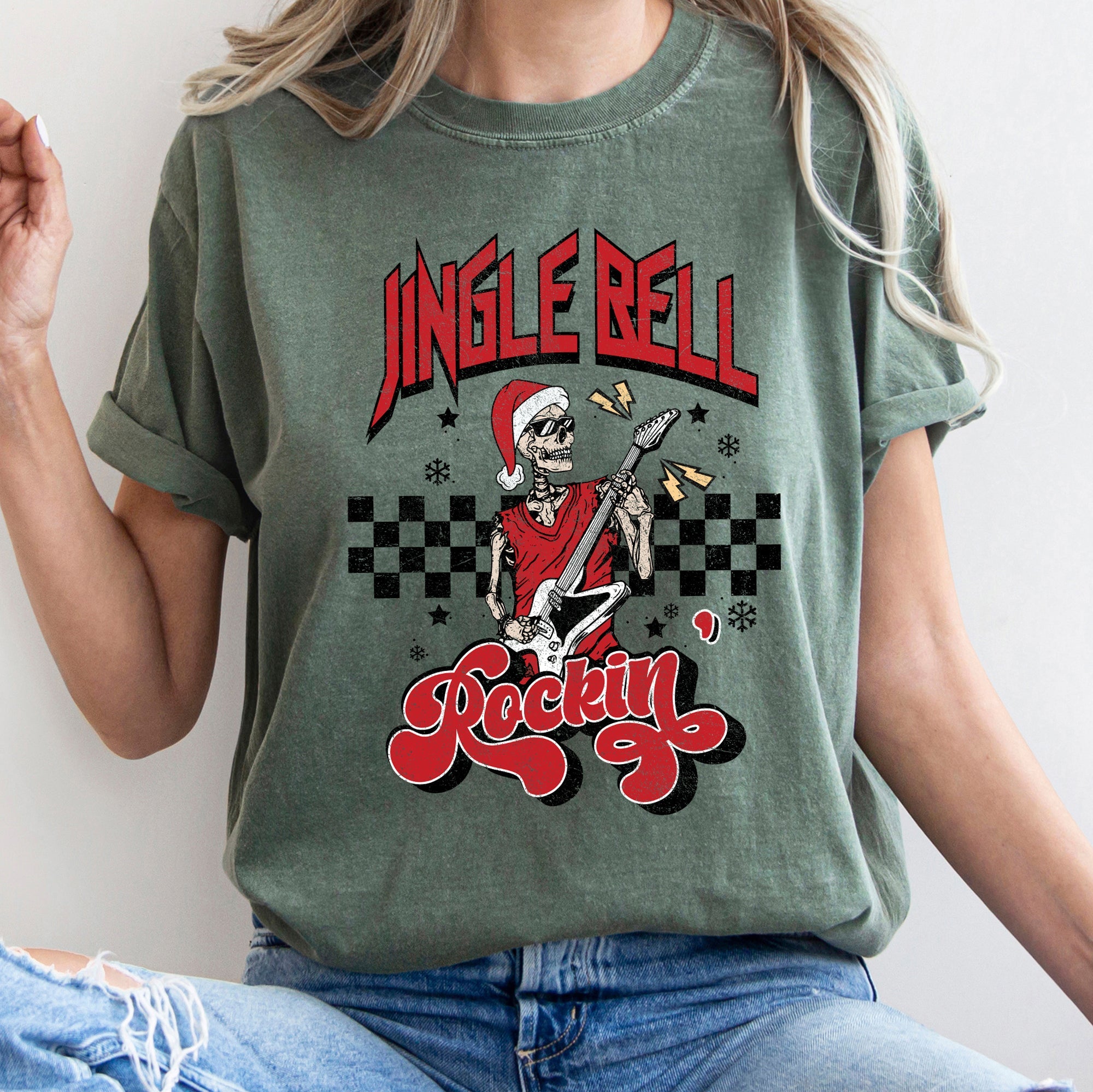Jingle Bell Rocking Skeleton Retro Rock Music Vibe Nostalgic Vintage Halloween Party Theme Comfort Colors Tee