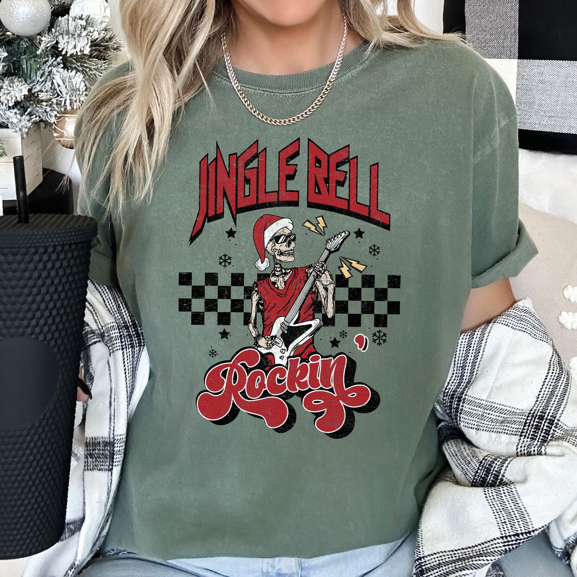 Jingle Bell Rocking Skeleton Retro Rock Music Vibe Nostalgic Vintage Halloween Party Theme Comfort Colors Tee