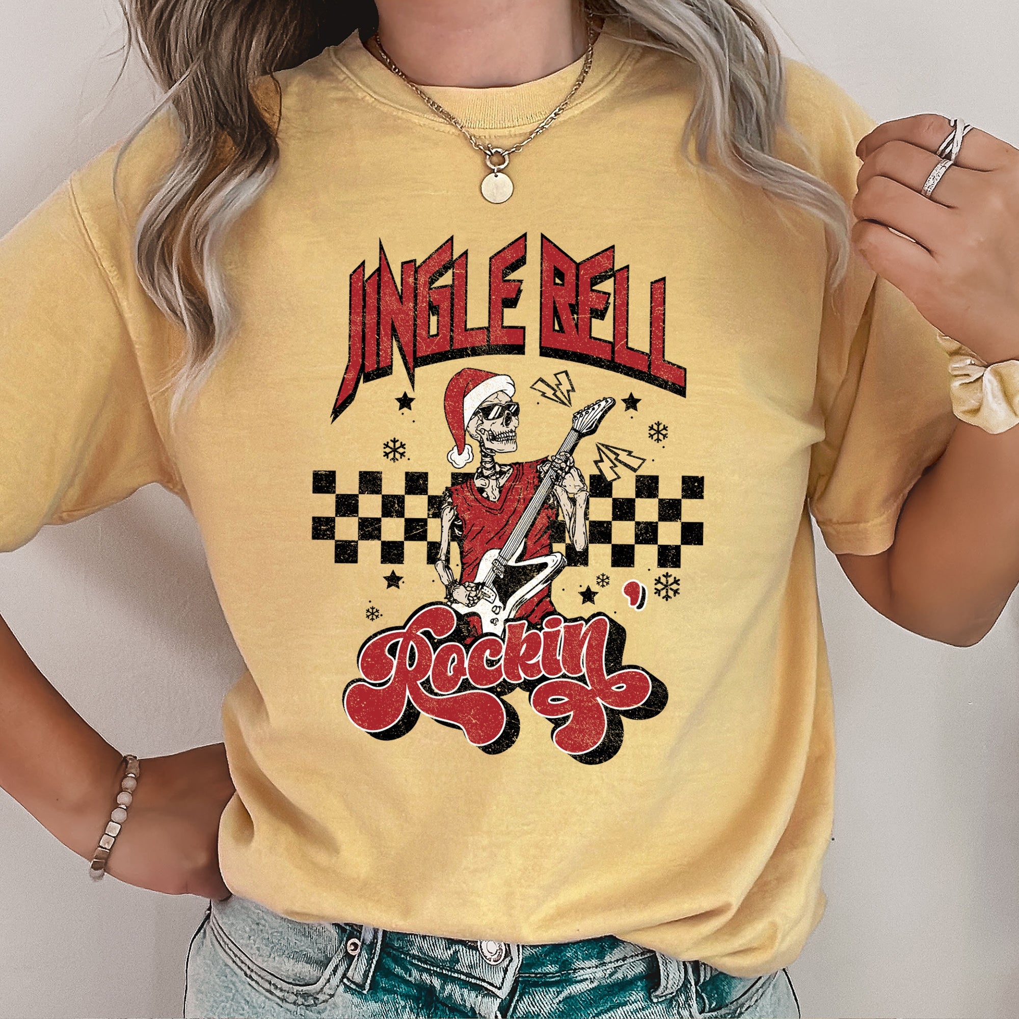 Jingle Bell Rocking Skeleton Retro Rock Music Vibe Nostalgic Vintage Halloween Party Theme Comfort Colors Tee