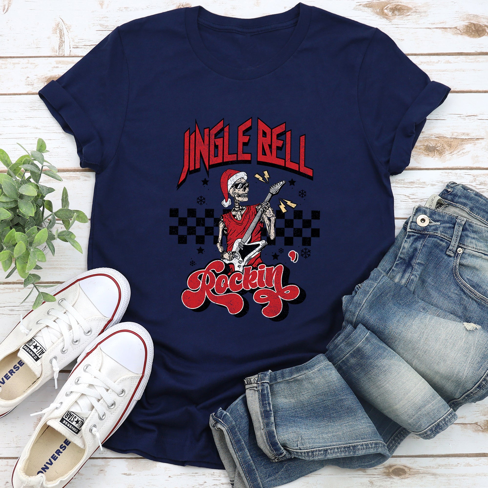 Jingle Bell Rocking Skeleton In Retro Rock Music Vibe Holiday Edition Graphic Tee