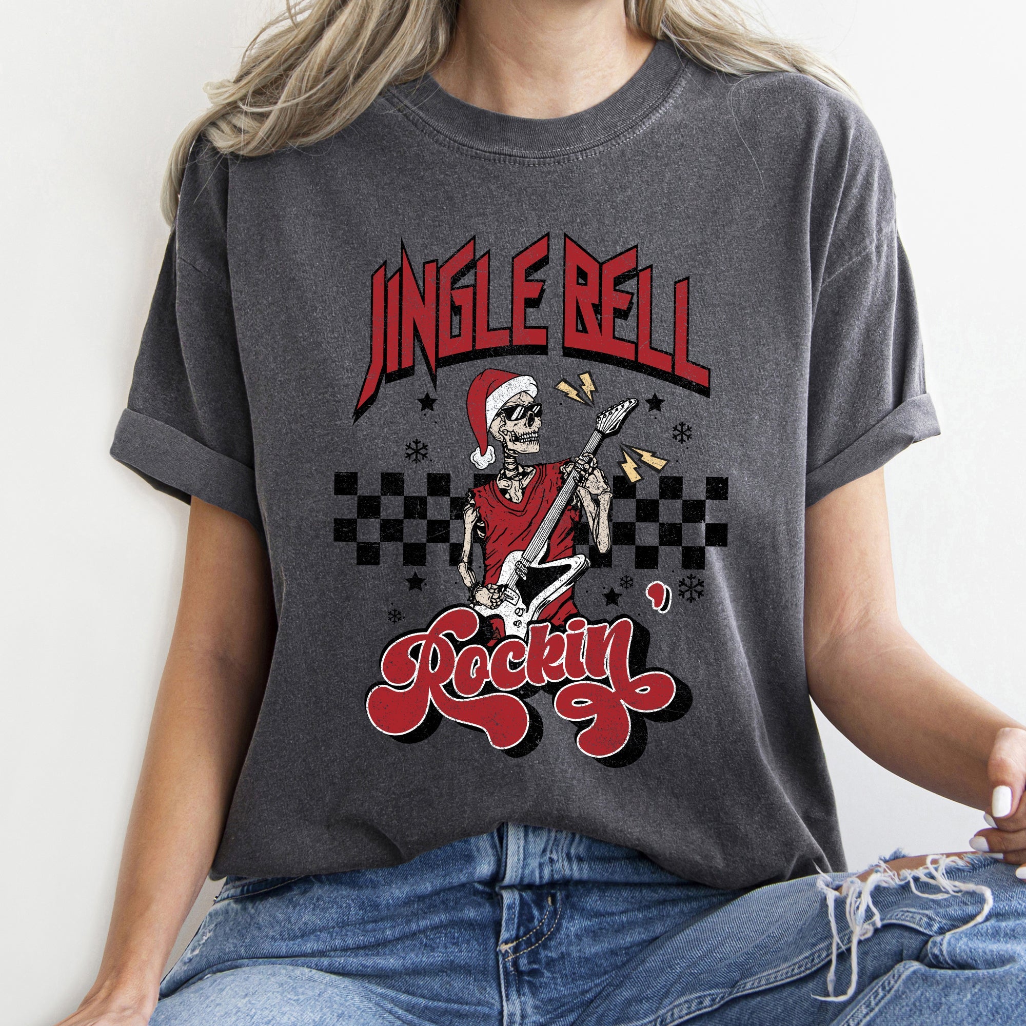 Jingle Bell Rocking Skeleton Retro Rock Music Vibe Nostalgic Vintage Halloween Party Theme Comfort Colors Tee