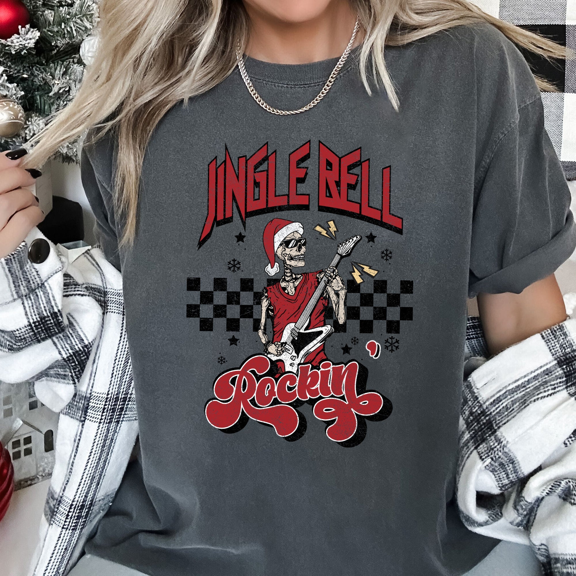 Jingle Bell Rocking Skeleton Retro Rock Music Vibe Nostalgic Vintage Halloween Party Theme Comfort Colors Tee