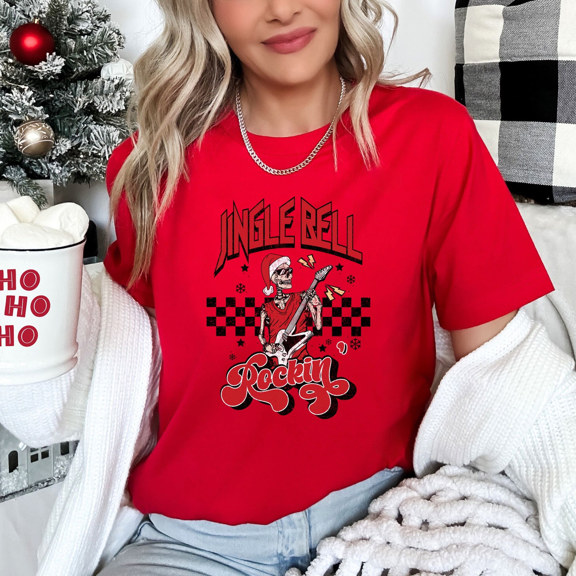 Jingle Bell Rocking Skeleton In Retro Rock Music Vibe Holiday Edition Graphic Tee
