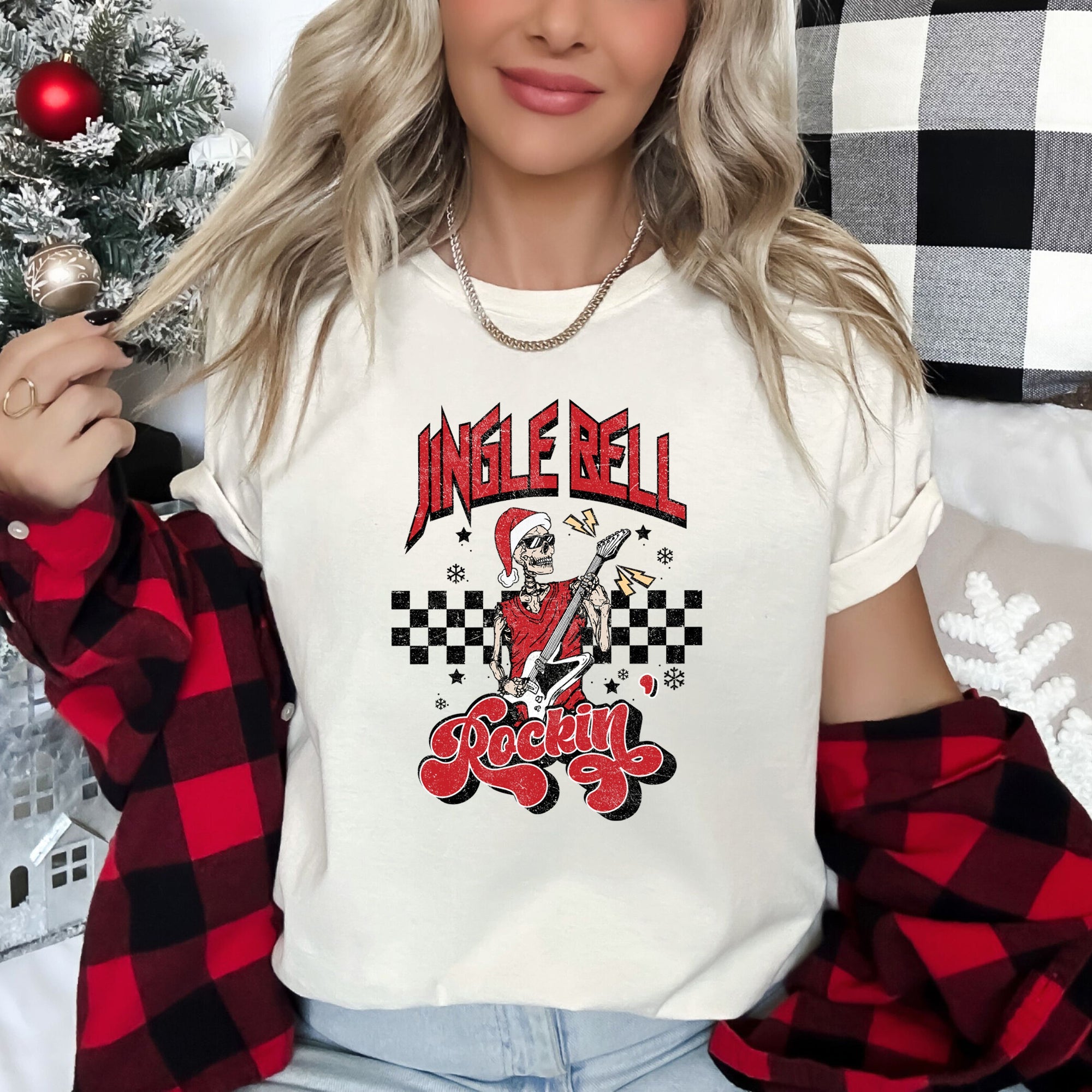 Jingle Bell Rocking Skeleton In Retro Rock Music Vibe Holiday Edition Graphic Tee
