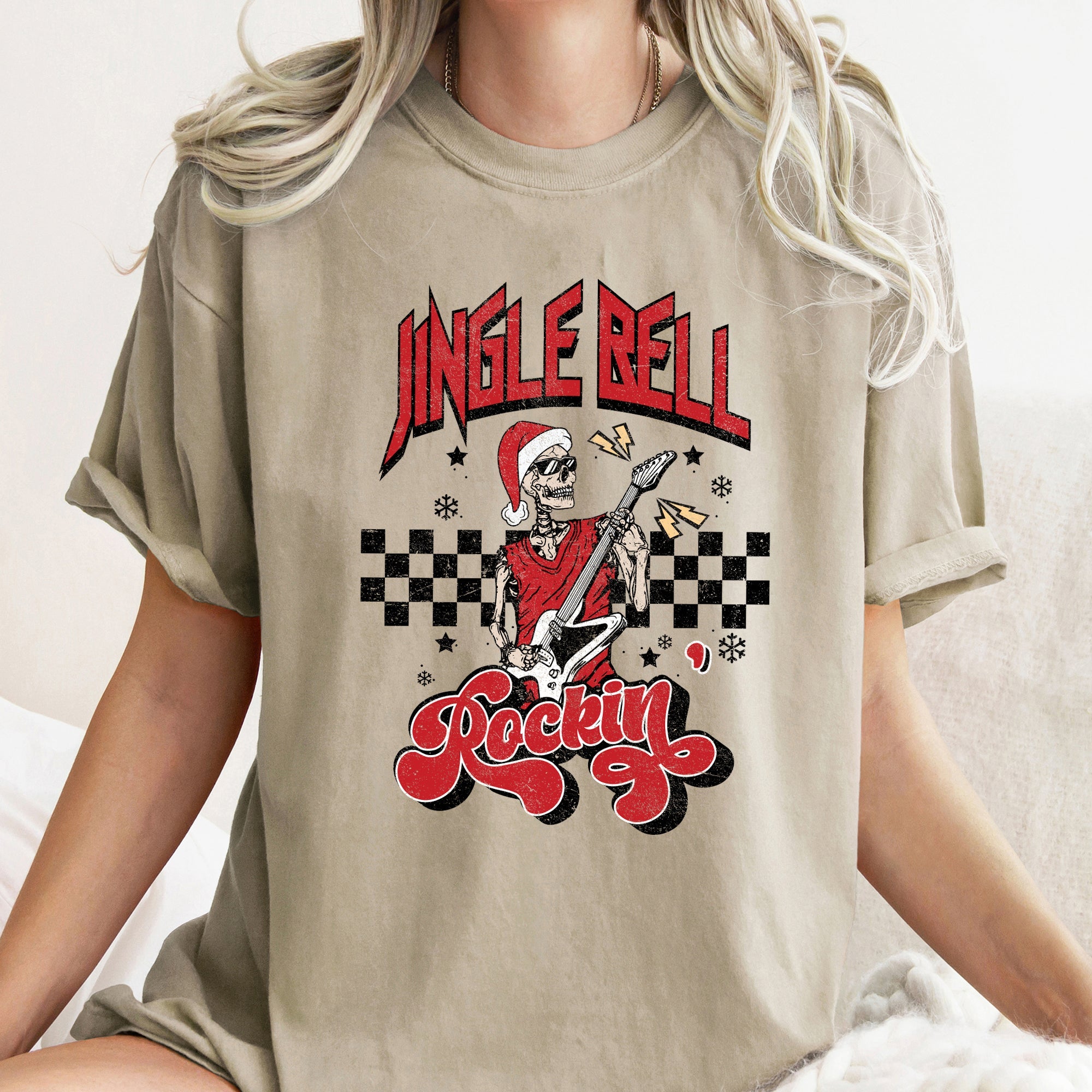 Jingle Bell Rocking Skeleton Retro Rock Music Vibe Nostalgic Vintage Halloween Party Theme Comfort Colors Tee