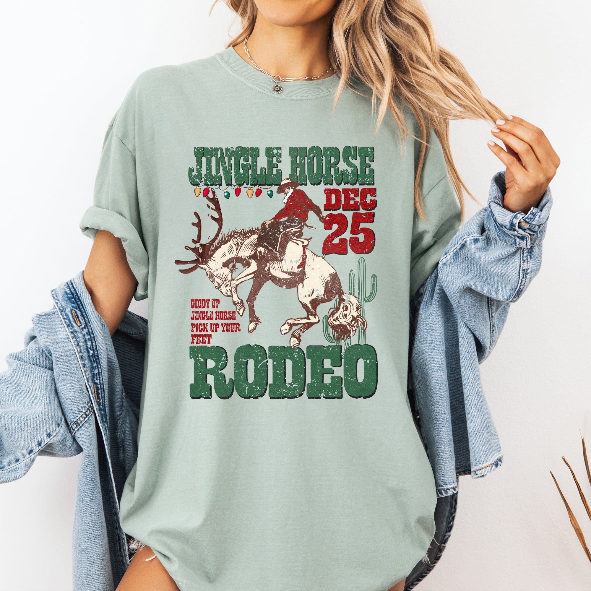 Jingle Horse Rodeo Christmas Cowboy Santa Xmas Western Holiday Country Festive Vintage Comfort Colors Tee