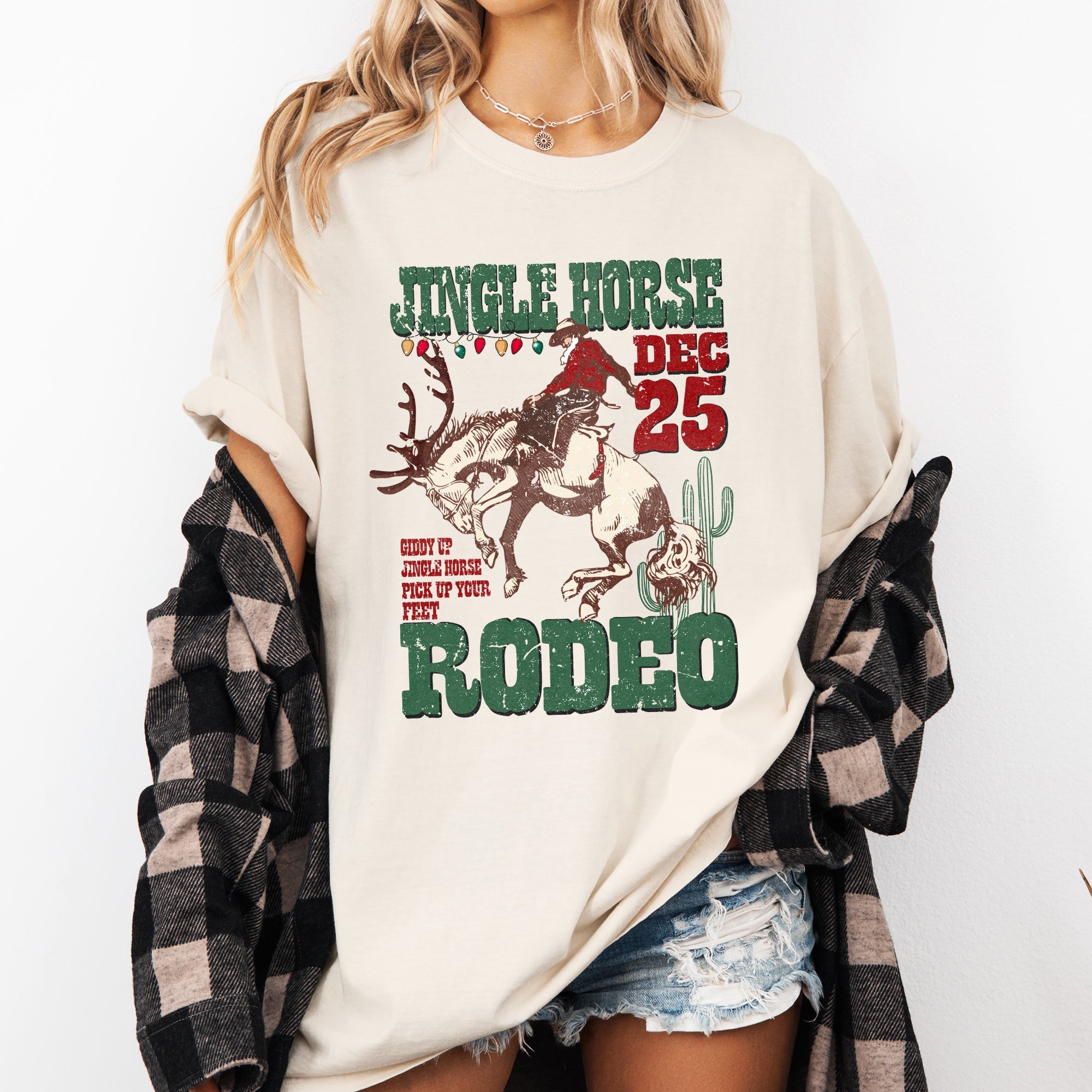 Jingle Horse Rodeo Christmas Cowboy Santa Xmas Western Holiday Country Festive Vintage Comfort Colors Tee