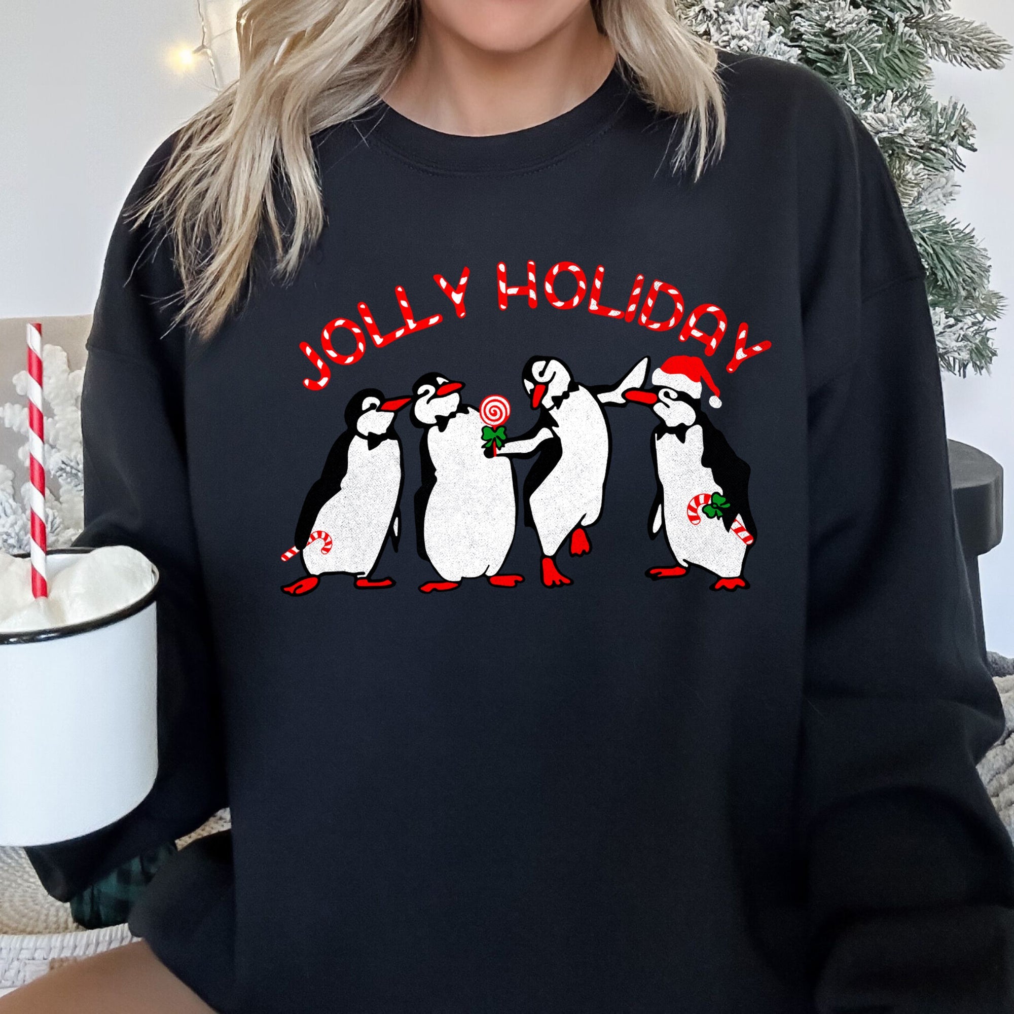 Jolly Holiday Penguins Christmas Cozy Winter Scene Festive Graphic Premium Sweatshirt