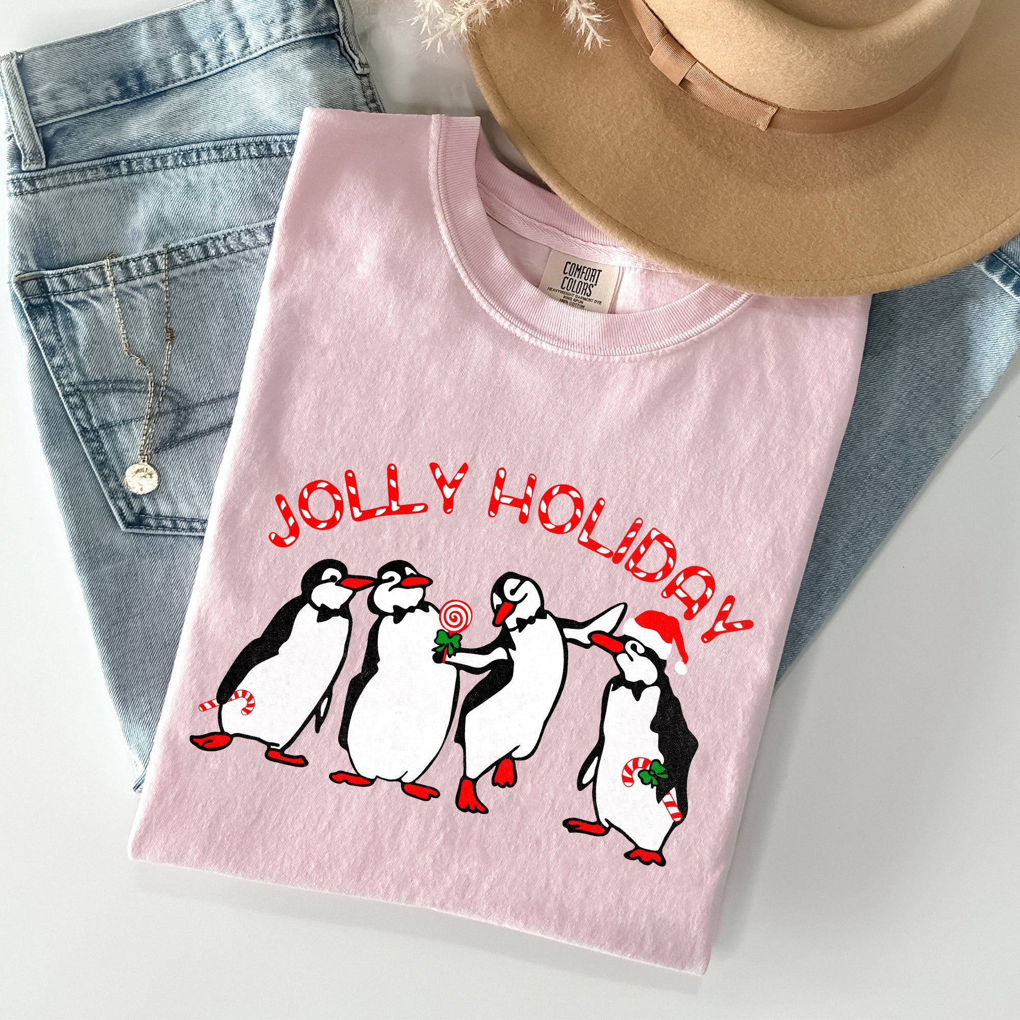 Jolly Holiday Penguins Christmas Winter Santa Claus Scene Vintage Graphic Comfort Colors Tee