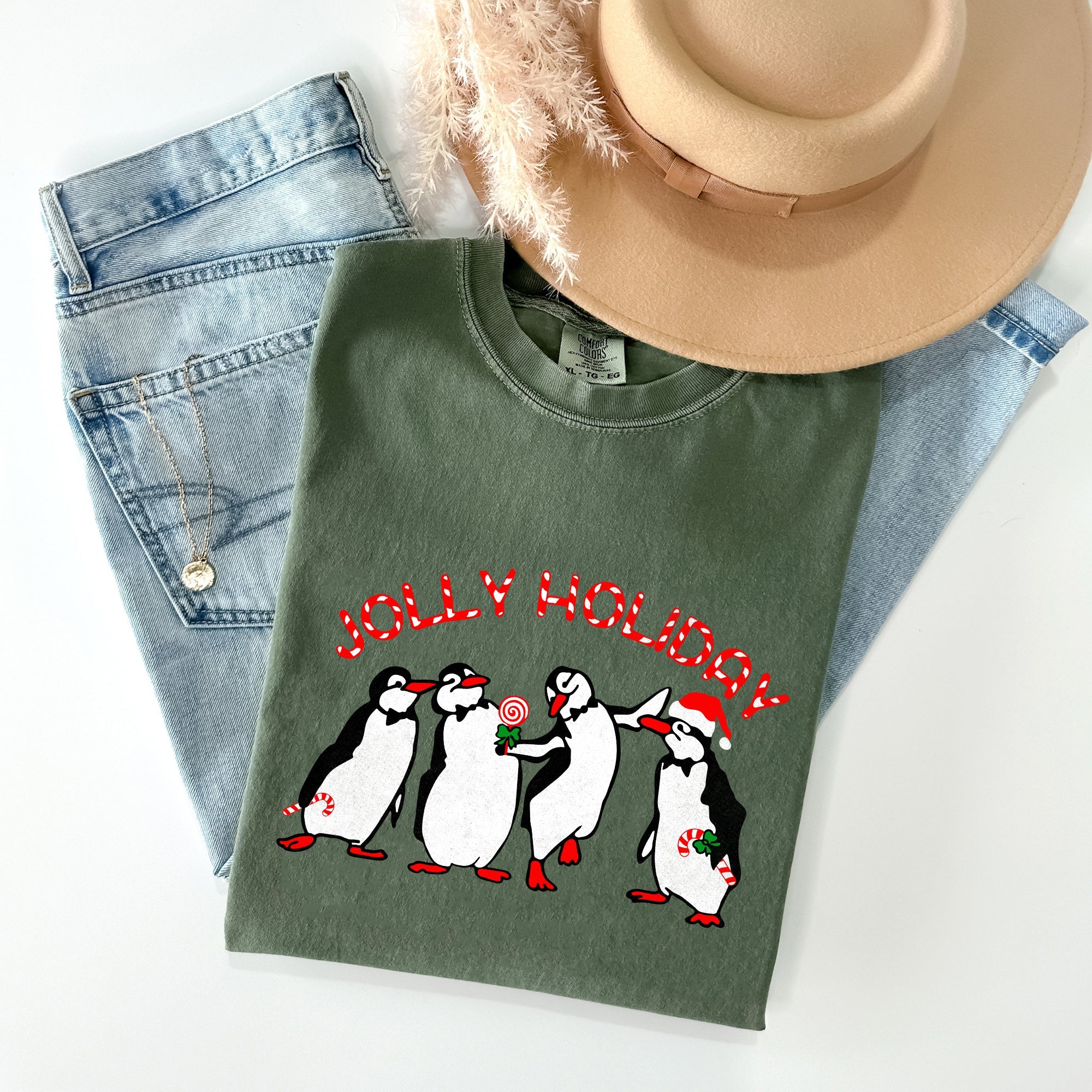 Jolly Holiday Penguins Christmas Winter Santa Claus Scene Vintage Graphic Comfort Colors Tee