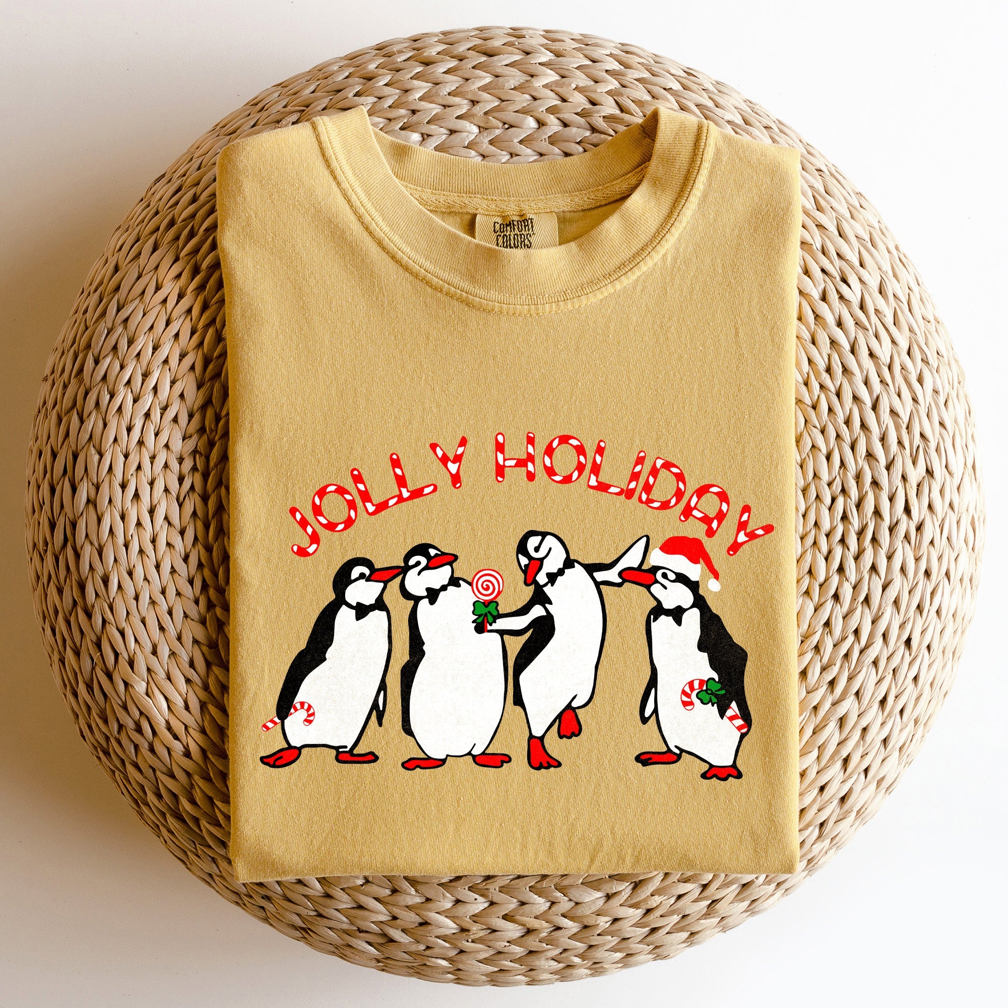 Jolly Holiday Penguins Christmas Winter Santa Claus Scene Vintage Graphic Comfort Colors Tee