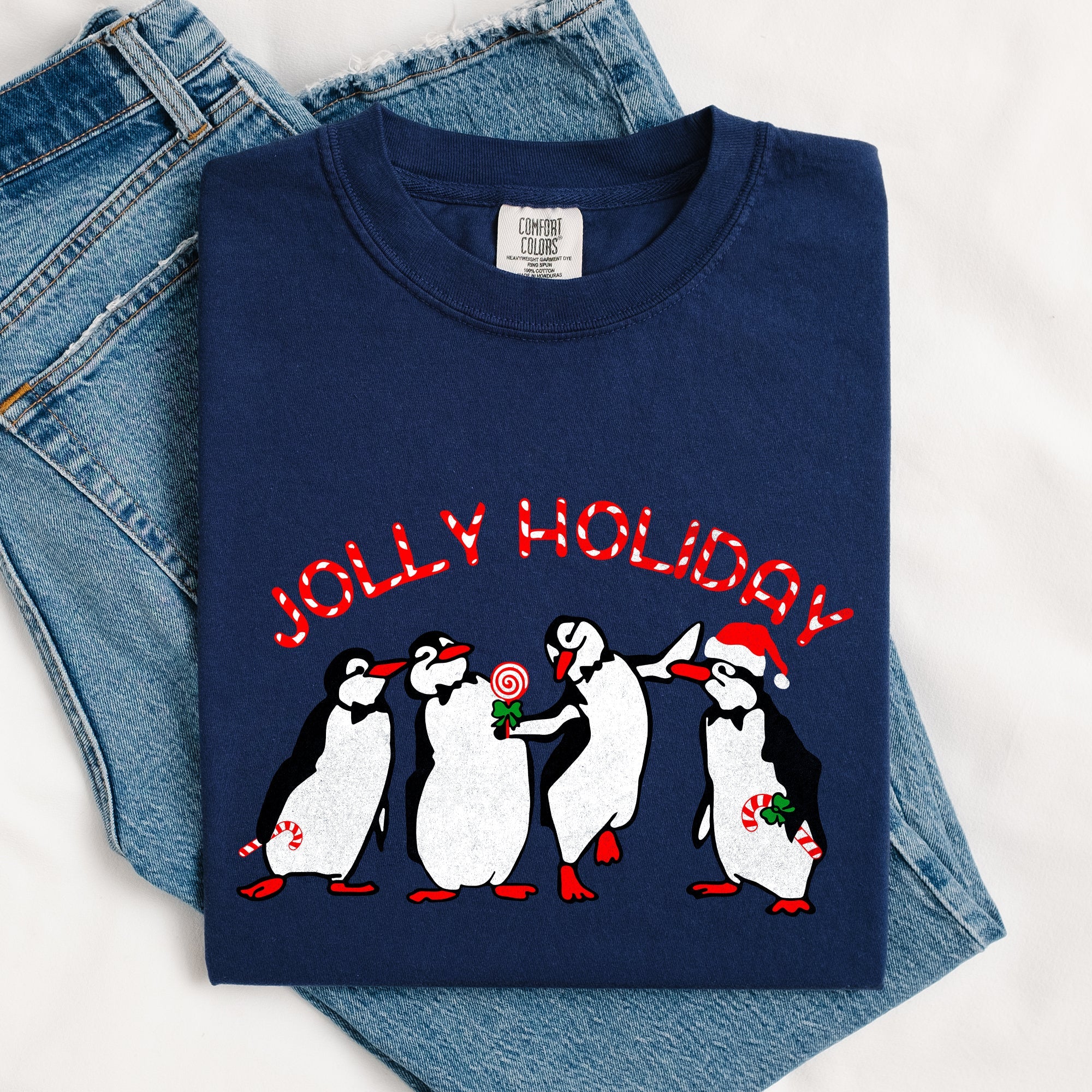 Jolly Holiday Penguins Christmas Winter Santa Claus Scene Vintage Graphic Comfort Colors Tee