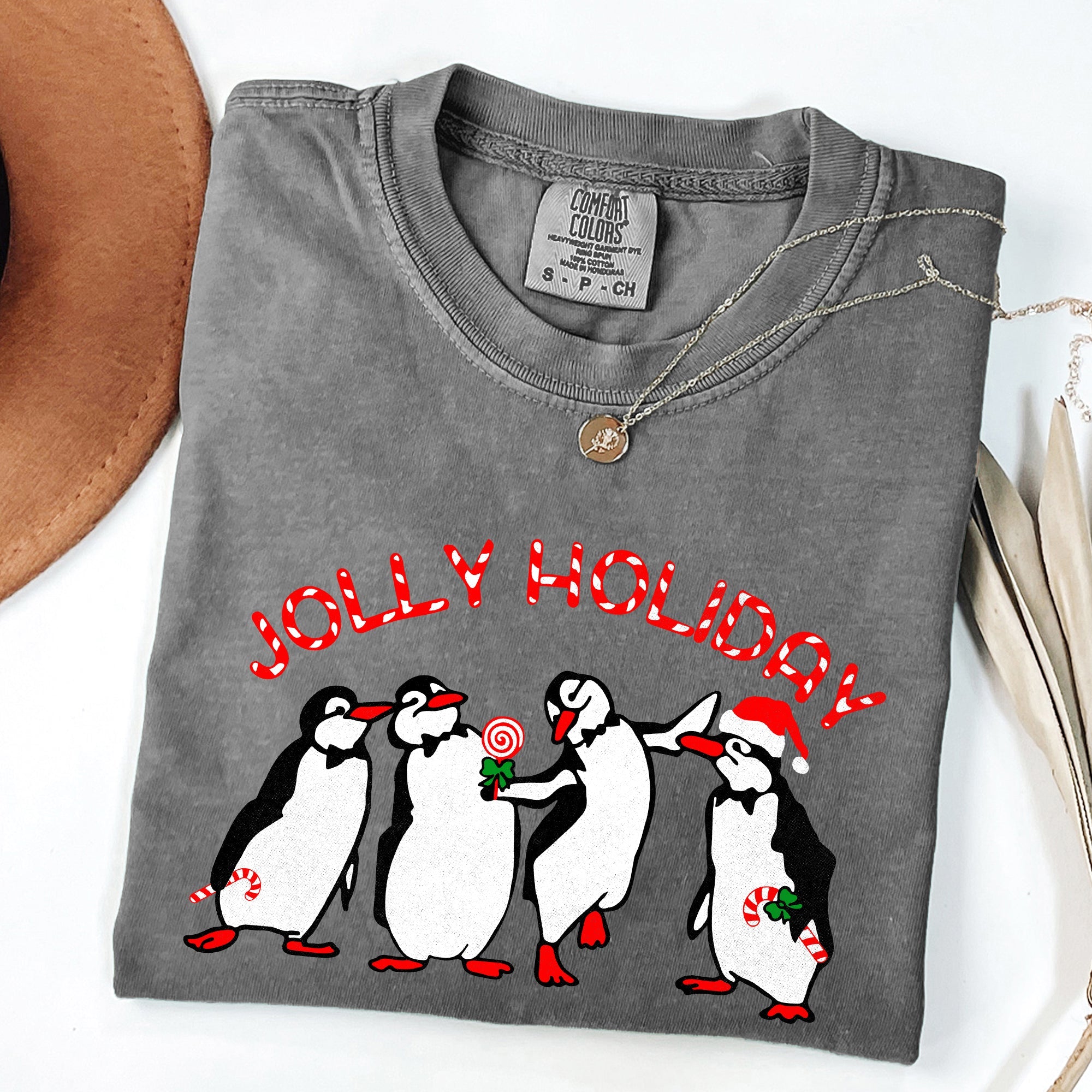 Jolly Holiday Penguins Christmas Winter Santa Claus Scene Vintage Graphic Comfort Colors Tee