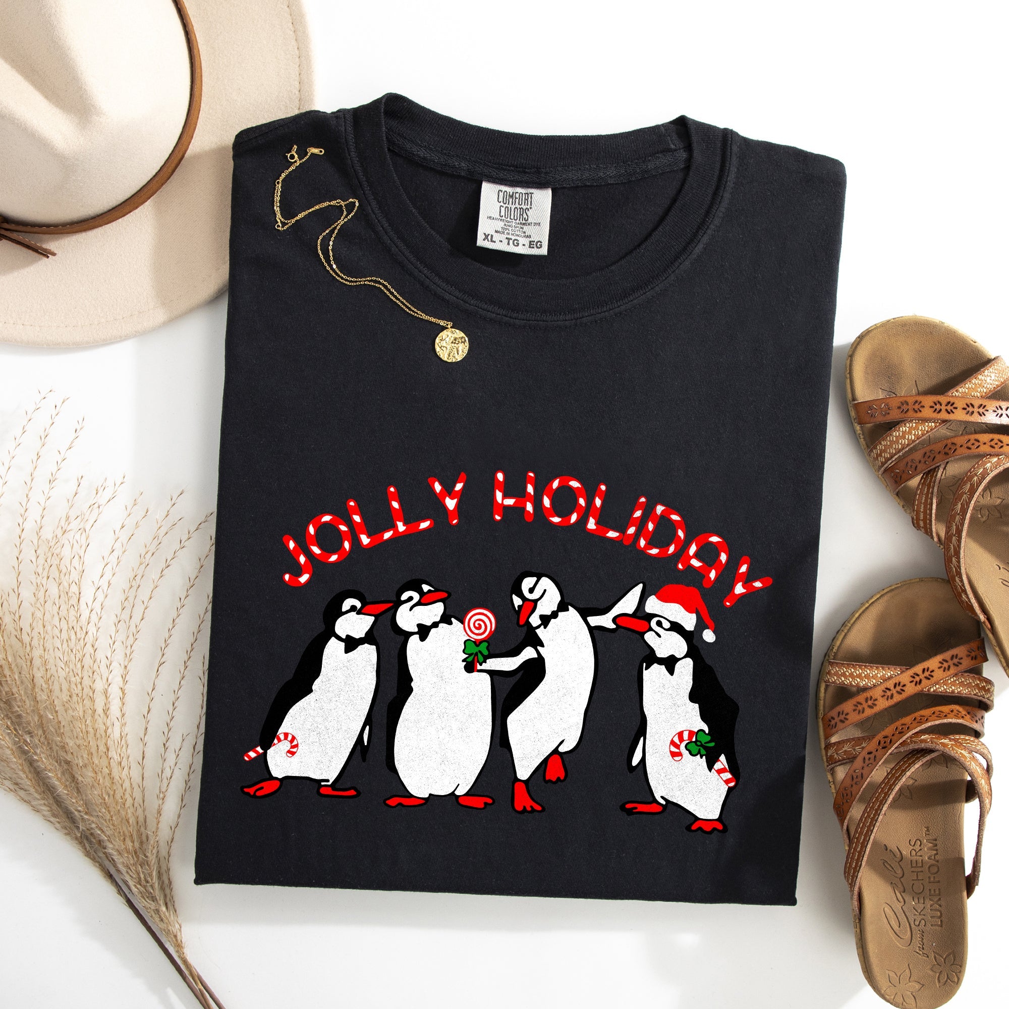 Jolly Holiday Penguins Christmas Winter Santa Claus Scene Vintage Graphic Comfort Colors Tee