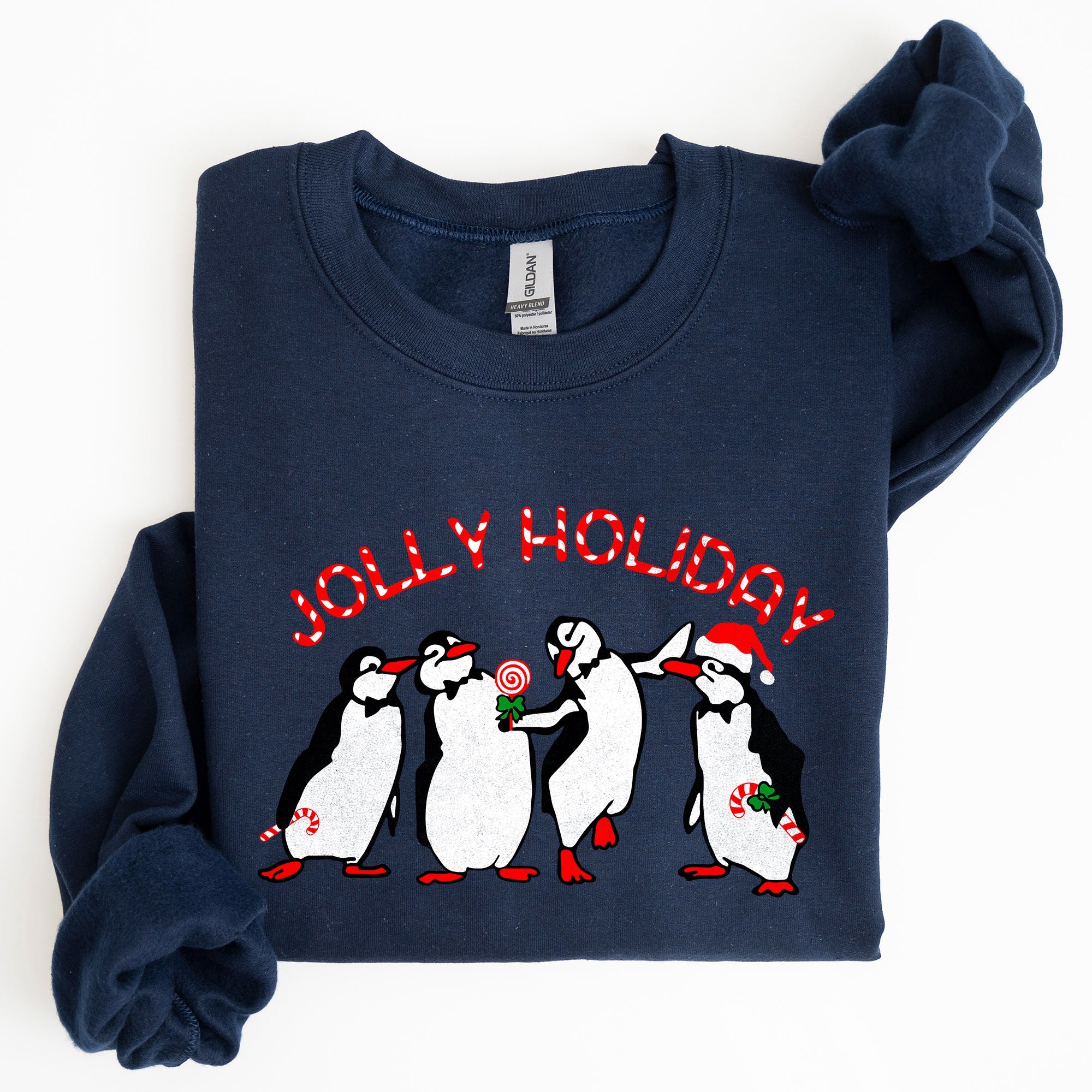 Jolly Holiday Penguins Christmas Winter Santa Cozy Scene With Snowy Parade Sweatshirt