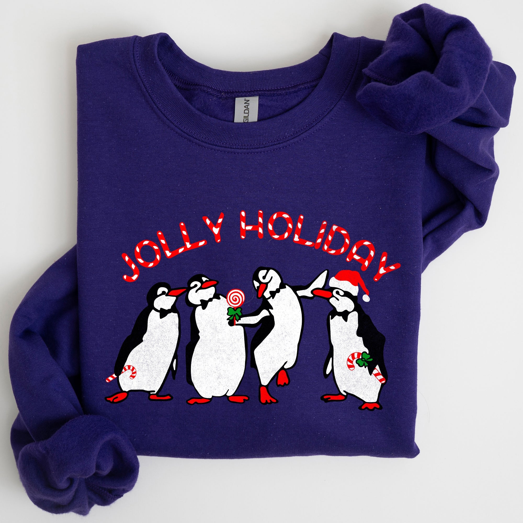 Jolly Holiday Penguins Christmas Winter Santa Cozy Scene With Snowy Parade Sweatshirt