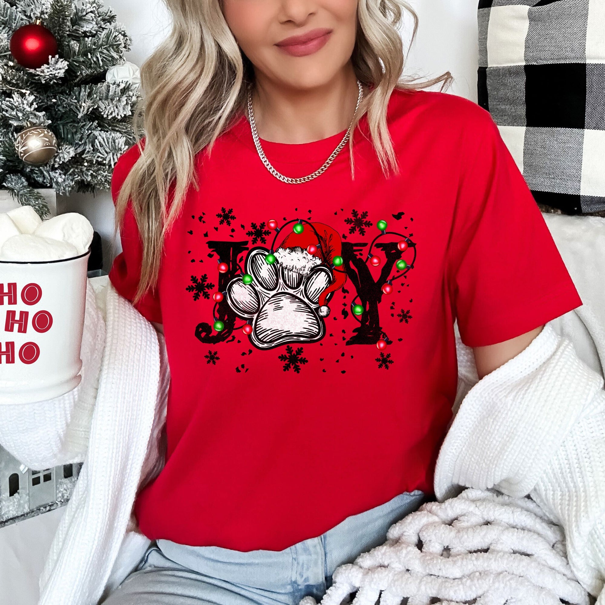 Joy Christmas Paw Print Festive Holiday Season Cheer Ultra Cozy Warmth Graphic Tee