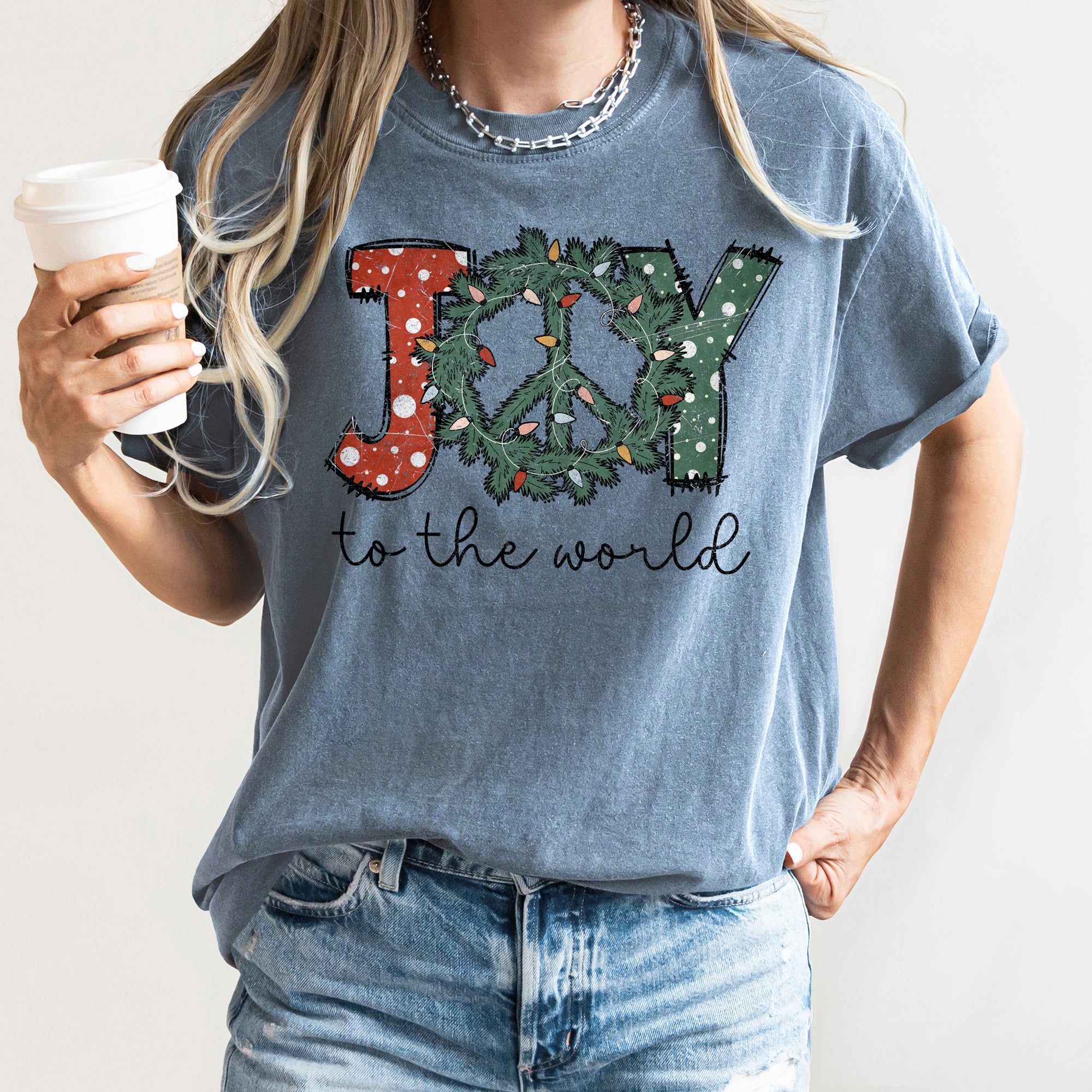 Joy To The World Peace Wreath Christmas Vintage Inspired Seasonal Edition Comfort Colors Tee